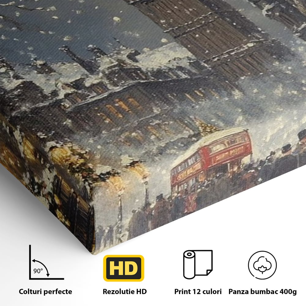 Tablou Canvas Premium, LuxCanva® D1141, Iarna in Piata cu Ceas, Centru, Istoric, Iarna, Noapte, Festiv, Turn, Ceas, Plimbare, Brad, Impodobit, Piata, Ninsoare, Zapada, Living, Dormitor
