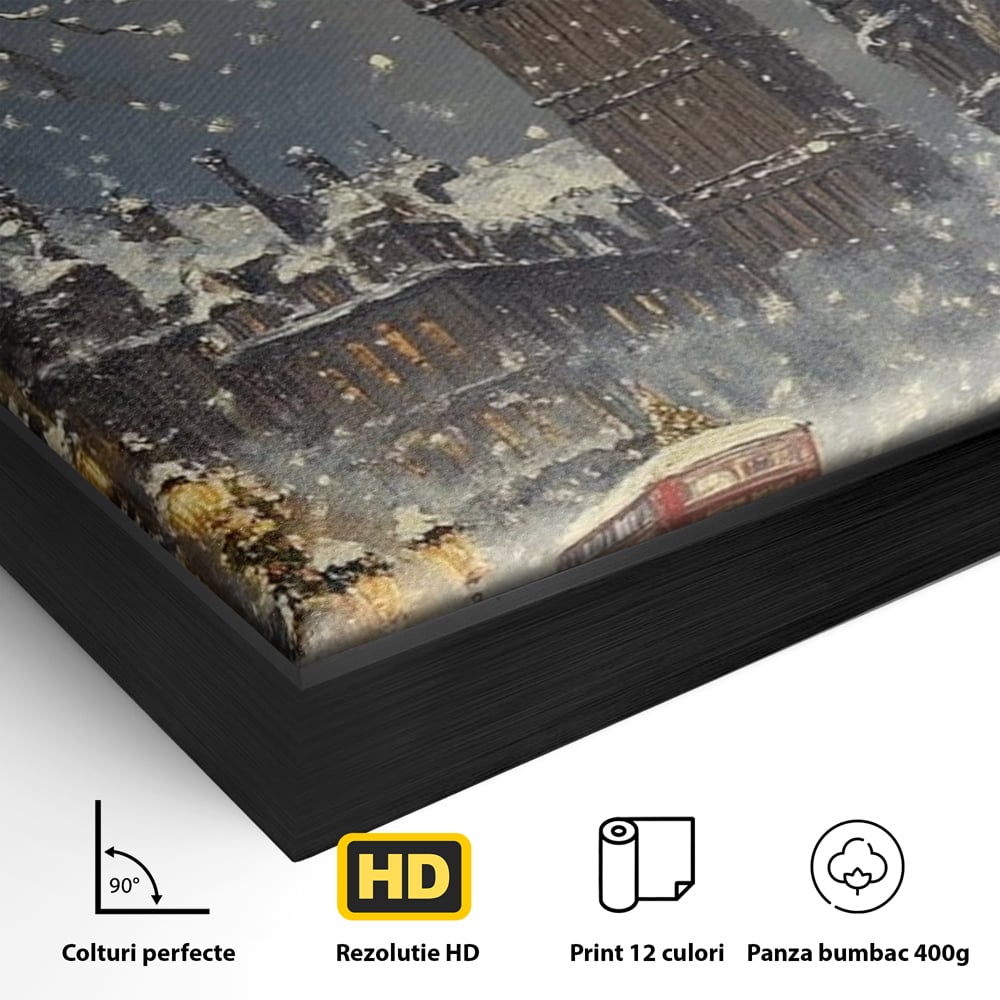 Tablou Canvas Premium, LuxCanva® D1141, Iarna in Piata cu Ceas, Centru, Istoric, Iarna, Noapte, Festiv, Turn, Ceas, Plimbare, Brad, Impodobit, Piata, Ninsoare, Zapada, Living, Dormitor