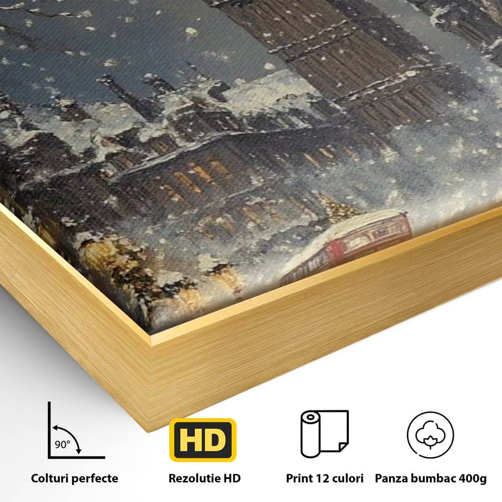 Tablou Canvas Premium, LuxCanva® D1141, Iarna in Piata cu Ceas, Centru, Istoric, Iarna, Noapte, Festiv, Turn, Ceas, Plimbare, Brad, Impodobit, Piata, Ninsoare, Zapada, Living, Dormitor