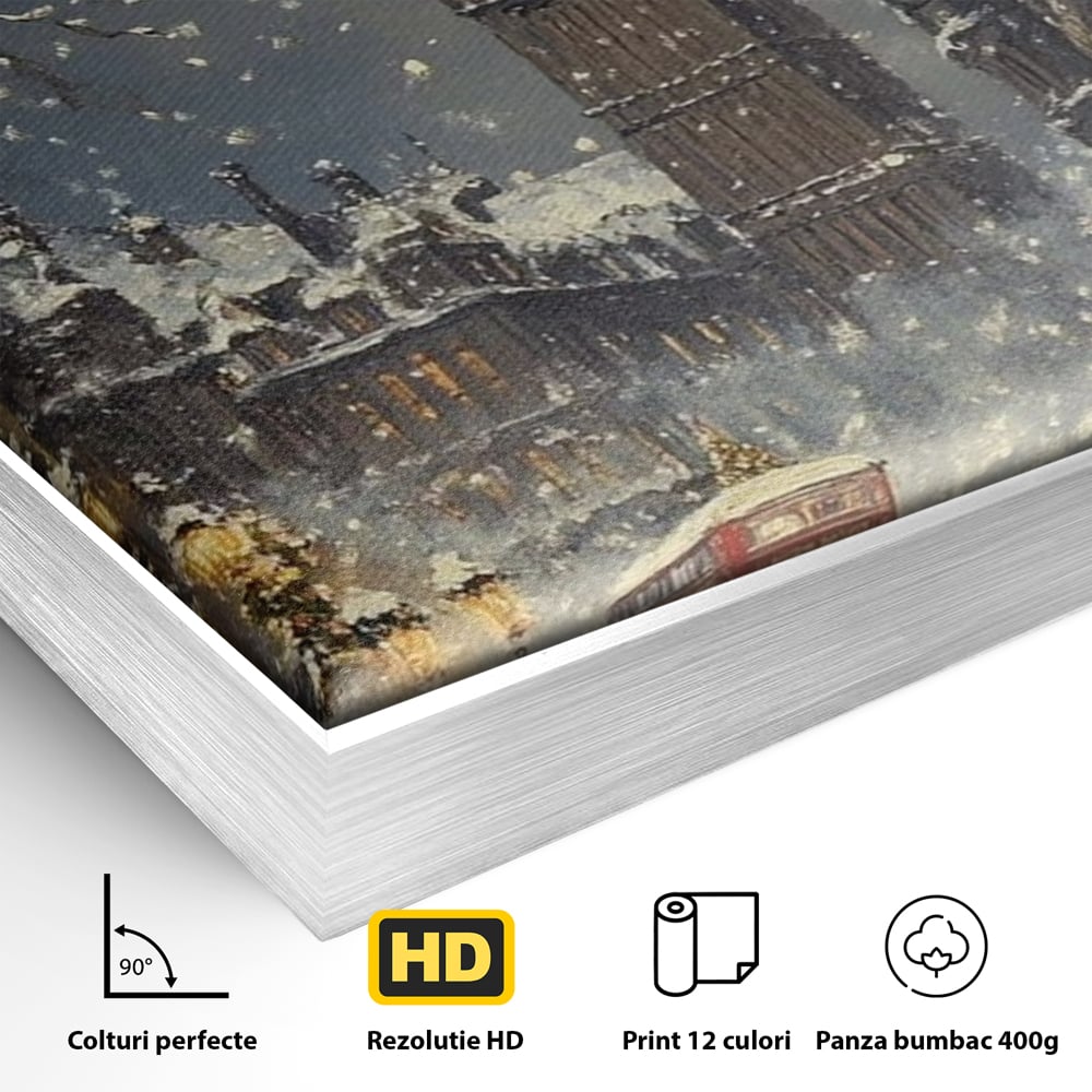 Tablou Canvas Premium, LuxCanva® D1141, Iarna in Piata cu Ceas, Centru, Istoric, Iarna, Noapte, Festiv, Turn, Ceas, Plimbare, Brad, Impodobit, Piata, Ninsoare, Zapada, Living, Dormitor