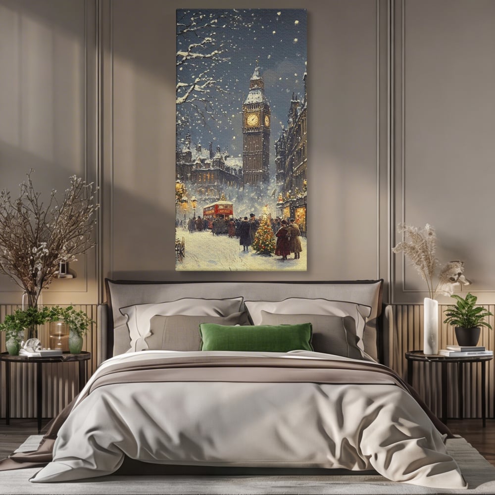 Tablou Canvas Premium, LuxCanva® D1141, Iarna in Piata cu Ceas, Centru, Istoric, Iarna, Noapte, Festiv, Turn, Ceas, Plimbare, Brad, Impodobit, Piata, Ninsoare, Zapada, Living, Dormitor