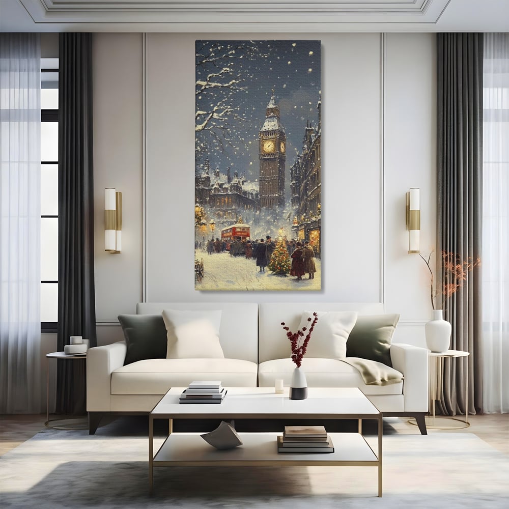 Tablou Canvas Premium, LuxCanva® D1141, Iarna in Piata cu Ceas, Centru, Istoric, Iarna, Noapte, Festiv, Turn, Ceas, Plimbare, Brad, Impodobit, Piata, Ninsoare, Zapada, Living, Dormitor