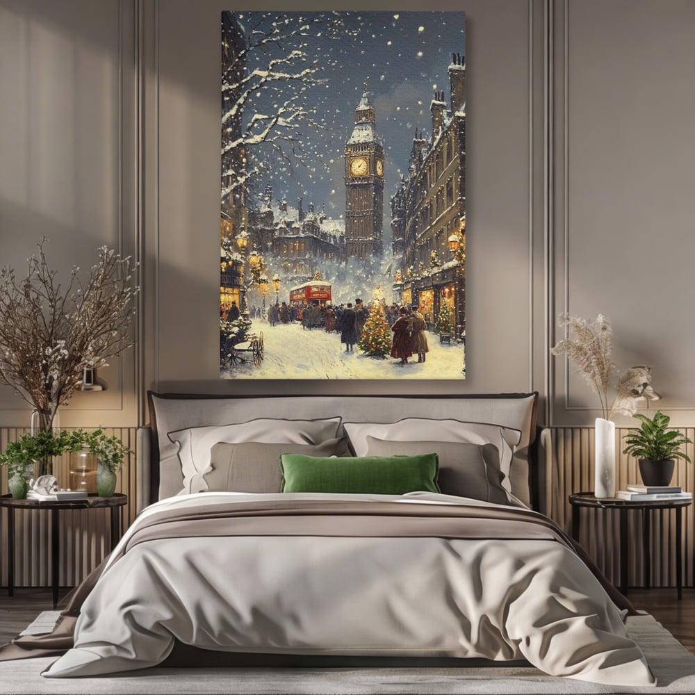 Tablou Canvas Premium, LuxCanva® D1141, Iarna in Piata cu Ceas, Centru, Istoric, Iarna, Noapte, Festiv, Turn, Ceas, Plimbare, Brad, Impodobit, Piata, Ninsoare, Zapada, Living, Dormitor
