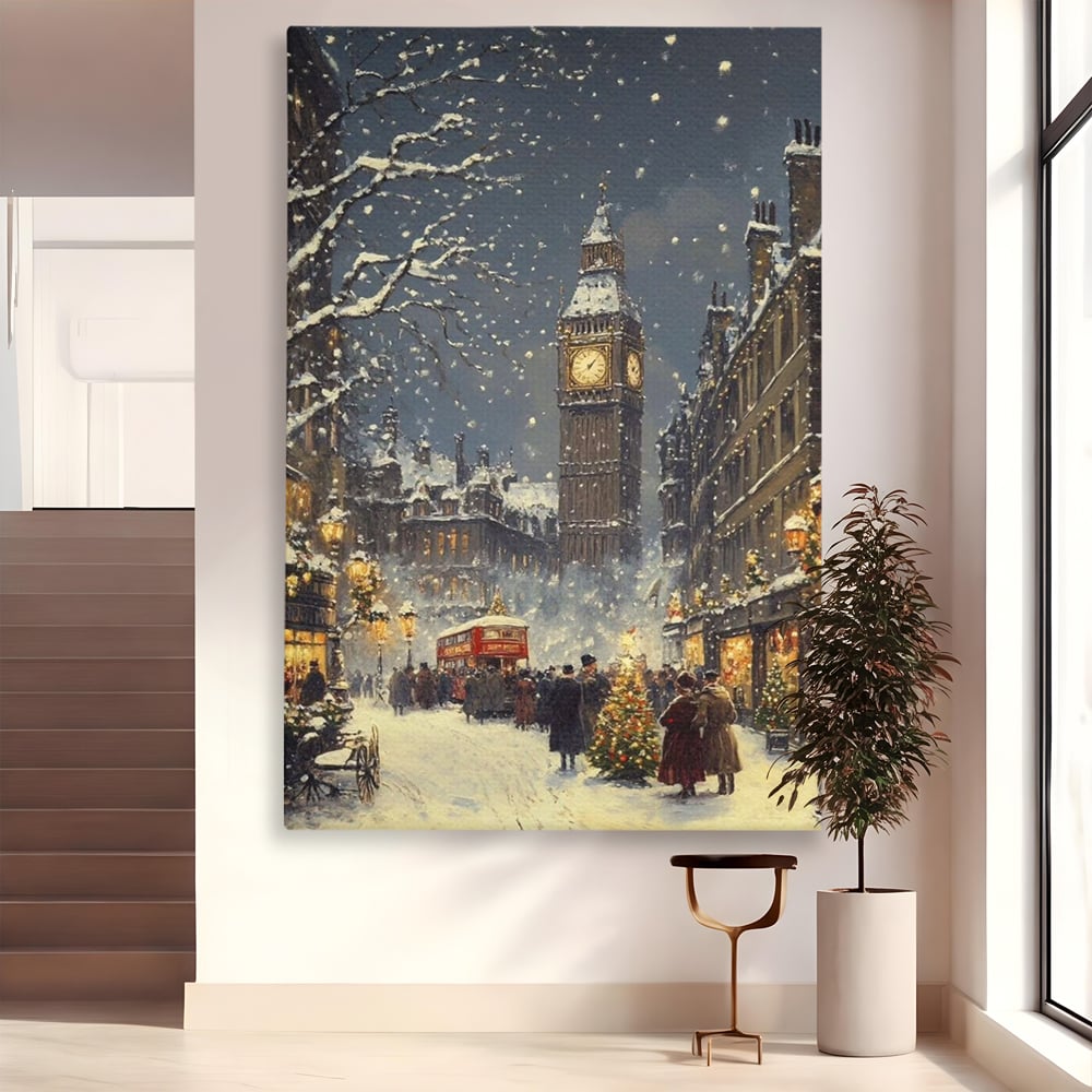 Tablou Canvas Premium, LuxCanva® D1141, Iarna in Piata cu Ceas, Centru, Istoric, Iarna, Noapte, Festiv, Turn, Ceas, Plimbare, Brad, Impodobit, Piata, Ninsoare, Zapada, Living, Dormitor