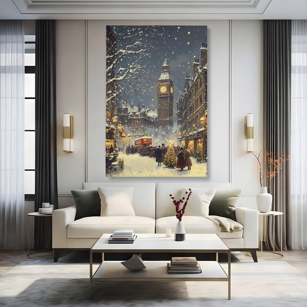 Tablou Canvas Premium, LuxCanva® D1141, Iarna in Piata cu Ceas, Centru, Istoric, Iarna, Noapte, Festiv, Turn, Ceas, Plimbare, Brad, Impodobit, Piata, Ninsoare, Zapada, Living, Dormitor