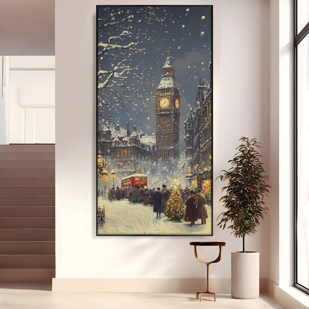 Tablou Canvas Premium, LuxCanva® D1141, Iarna in Piata cu Ceas, Centru, Istoric, Iarna, Noapte, Festiv, Turn, Ceas, Plimbare, Brad, Impodobit, Piata, Ninsoare, Zapada, Living, Dormitor