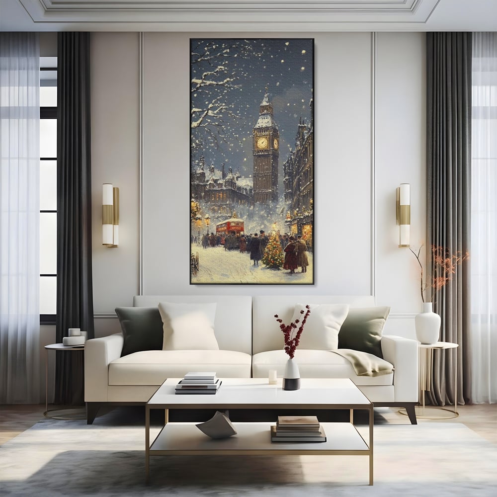 Tablou Canvas Premium, LuxCanva® D1141, Iarna in Piata cu Ceas, Centru, Istoric, Iarna, Noapte, Festiv, Turn, Ceas, Plimbare, Brad, Impodobit, Piata, Ninsoare, Zapada, Living, Dormitor