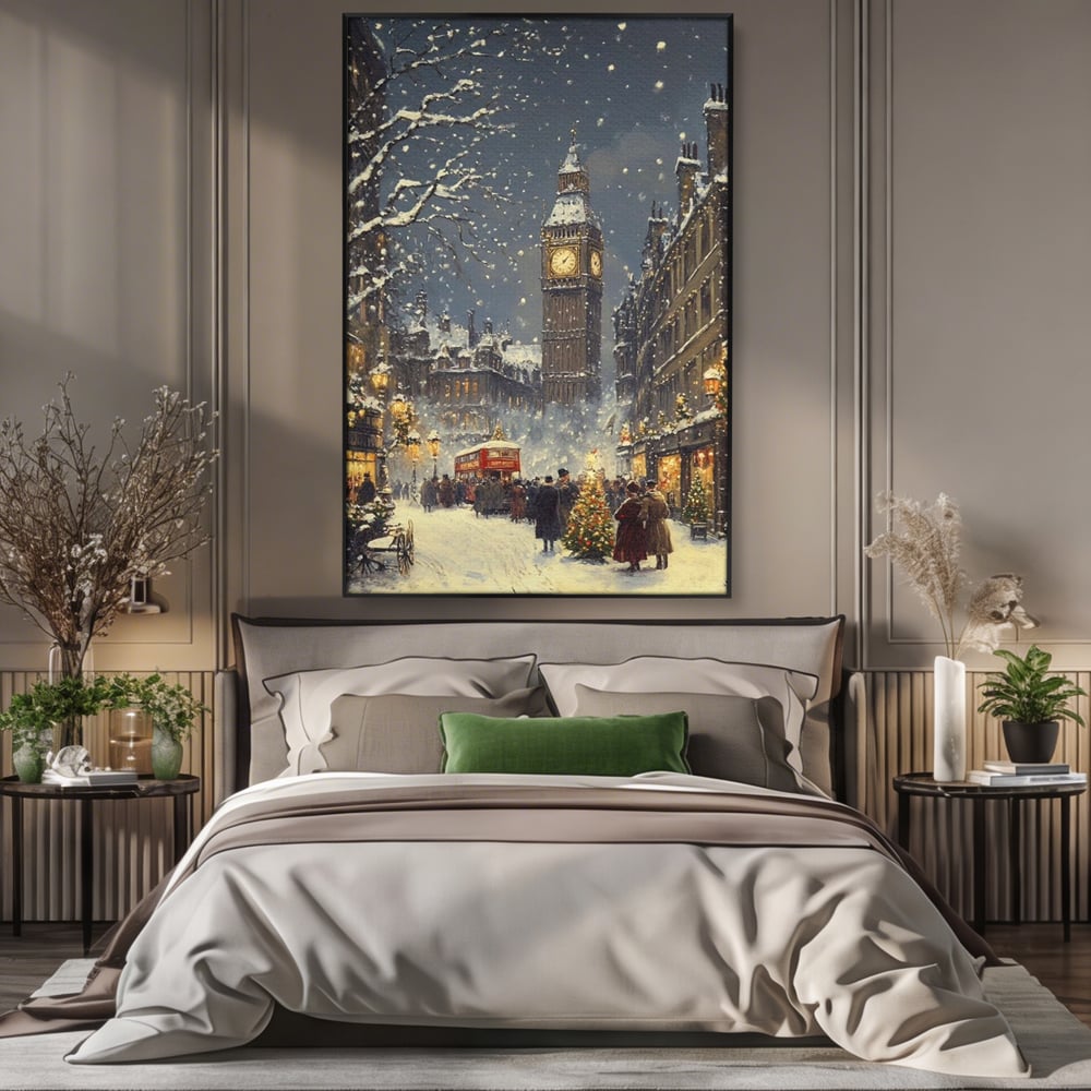 Tablou Canvas Premium, LuxCanva® D1141, Iarna in Piata cu Ceas, Centru, Istoric, Iarna, Noapte, Festiv, Turn, Ceas, Plimbare, Brad, Impodobit, Piata, Ninsoare, Zapada, Living, Dormitor