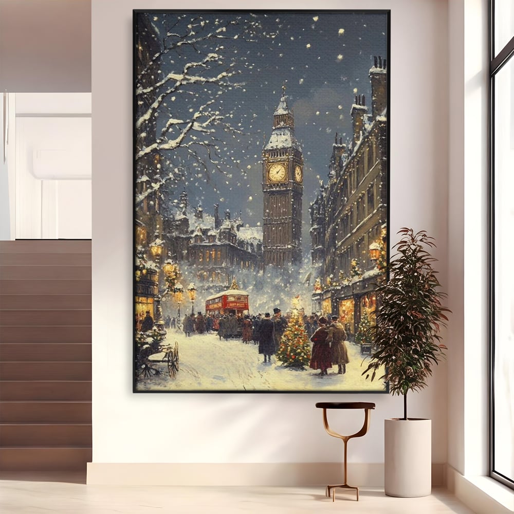 Tablou Canvas Premium, LuxCanva® D1141, Iarna in Piata cu Ceas, Centru, Istoric, Iarna, Noapte, Festiv, Turn, Ceas, Plimbare, Brad, Impodobit, Piata, Ninsoare, Zapada, Living, Dormitor