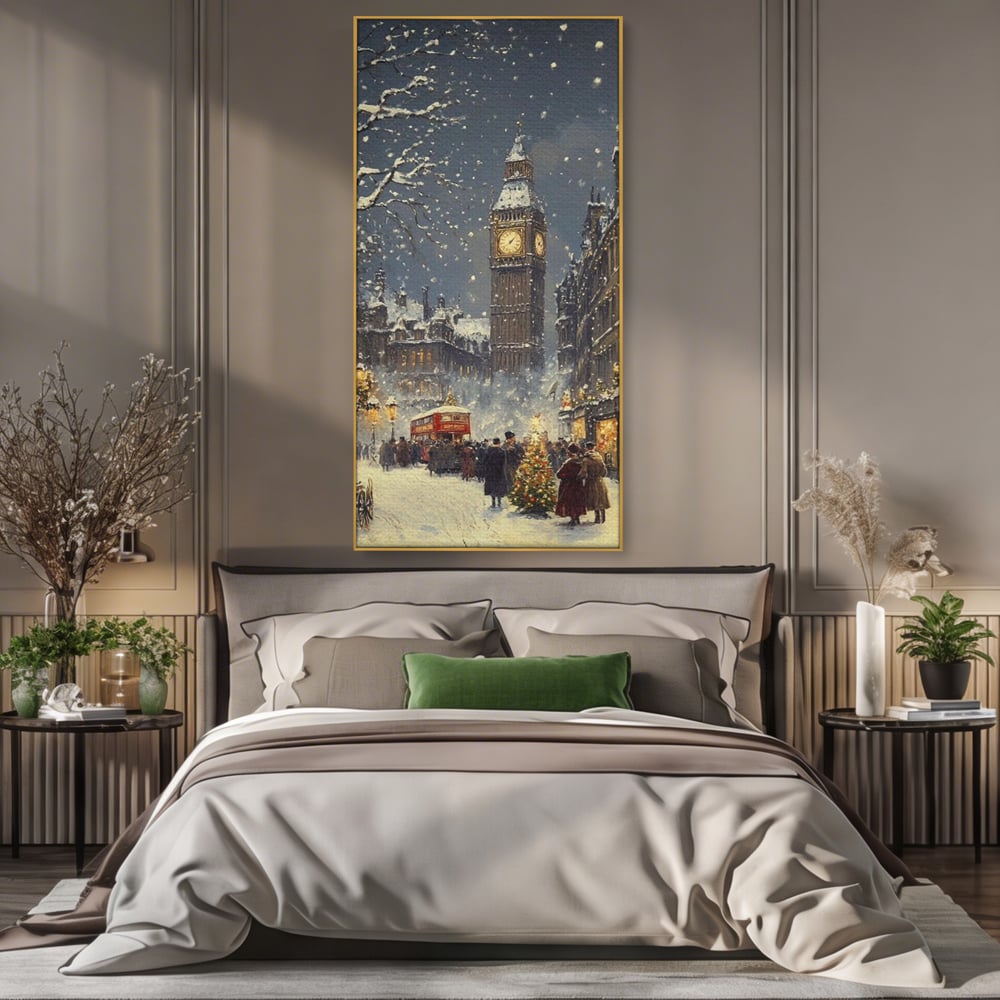 Tablou Canvas Premium, LuxCanva® D1141, Iarna in Piata cu Ceas, Centru, Istoric, Iarna, Noapte, Festiv, Turn, Ceas, Plimbare, Brad, Impodobit, Piata, Ninsoare, Zapada, Living, Dormitor