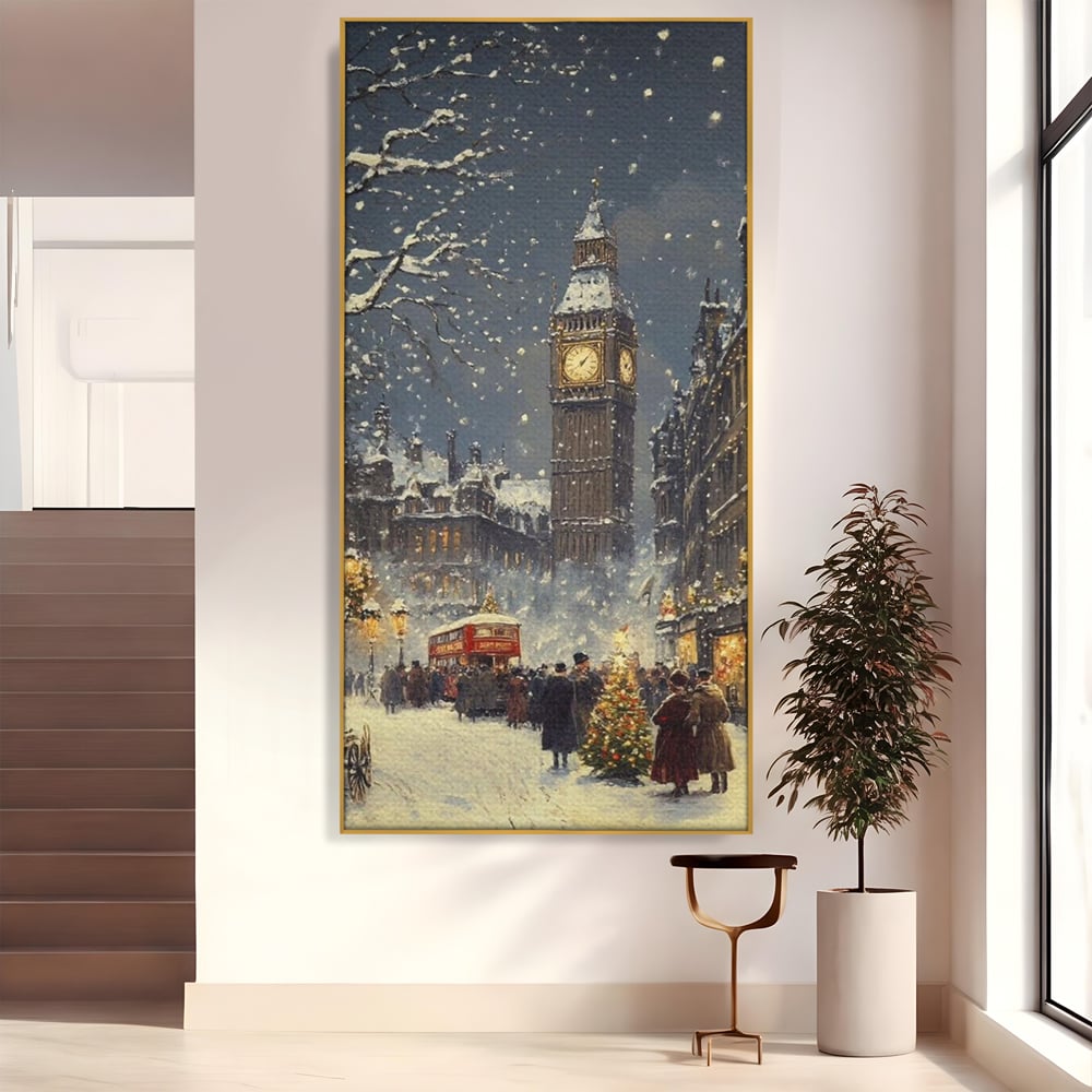 Tablou Canvas Premium, LuxCanva® D1141, Iarna in Piata cu Ceas, Centru, Istoric, Iarna, Noapte, Festiv, Turn, Ceas, Plimbare, Brad, Impodobit, Piata, Ninsoare, Zapada, Living, Dormitor
