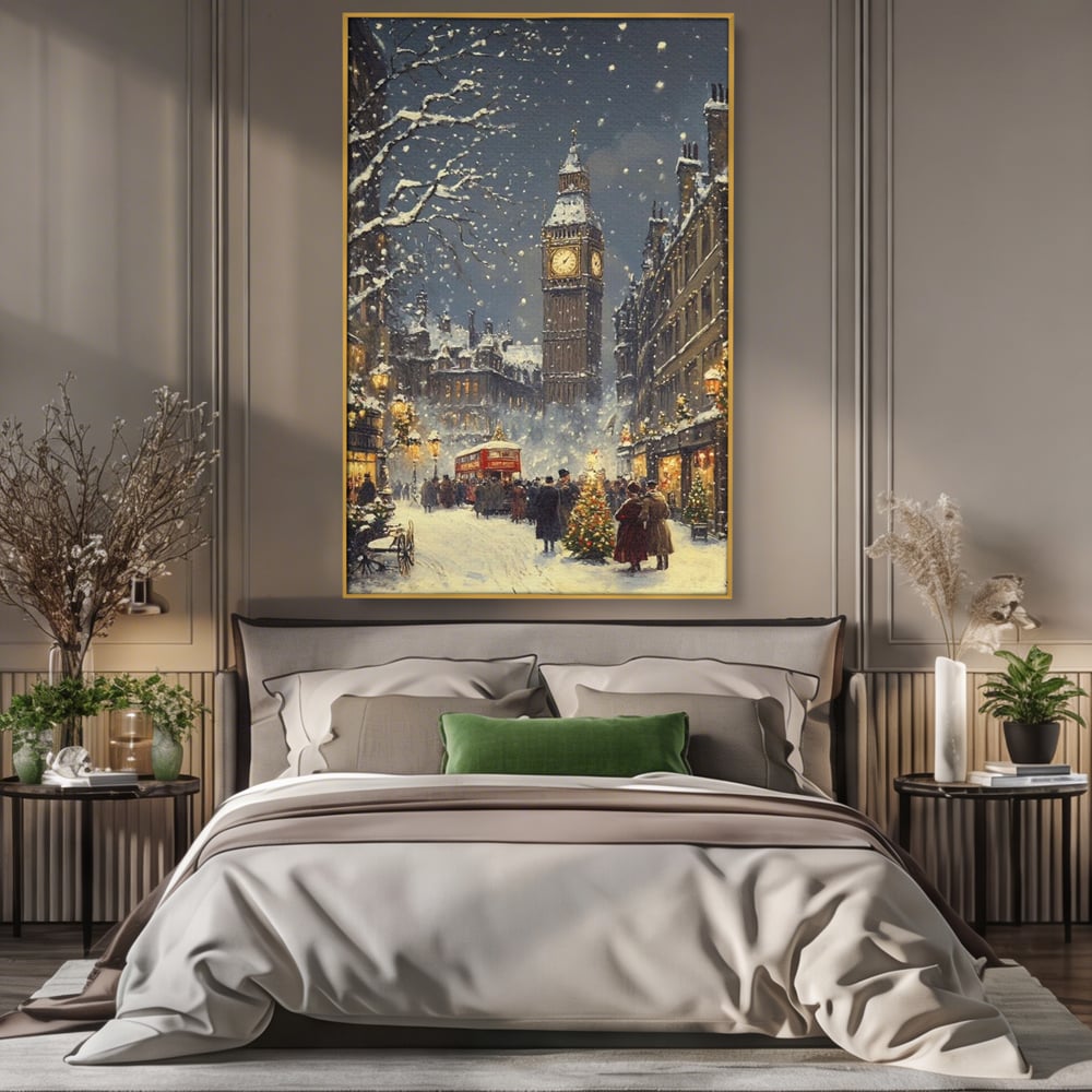 Tablou Canvas Premium, LuxCanva® D1141, Iarna in Piata cu Ceas, Centru, Istoric, Iarna, Noapte, Festiv, Turn, Ceas, Plimbare, Brad, Impodobit, Piata, Ninsoare, Zapada, Living, Dormitor