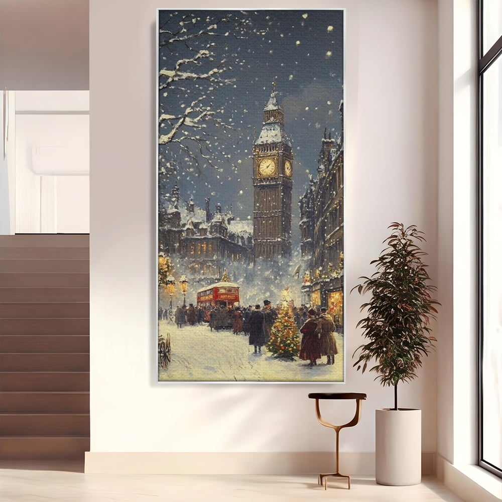 Tablou Canvas Premium, LuxCanva® D1141, Iarna in Piata cu Ceas, Centru, Istoric, Iarna, Noapte, Festiv, Turn, Ceas, Plimbare, Brad, Impodobit, Piata, Ninsoare, Zapada, Living, Dormitor