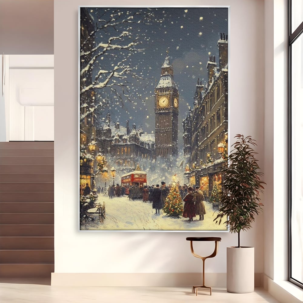 Tablou Canvas Premium, LuxCanva® D1141, Iarna in Piata cu Ceas, Centru, Istoric, Iarna, Noapte, Festiv, Turn, Ceas, Plimbare, Brad, Impodobit, Piata, Ninsoare, Zapada, Living, Dormitor