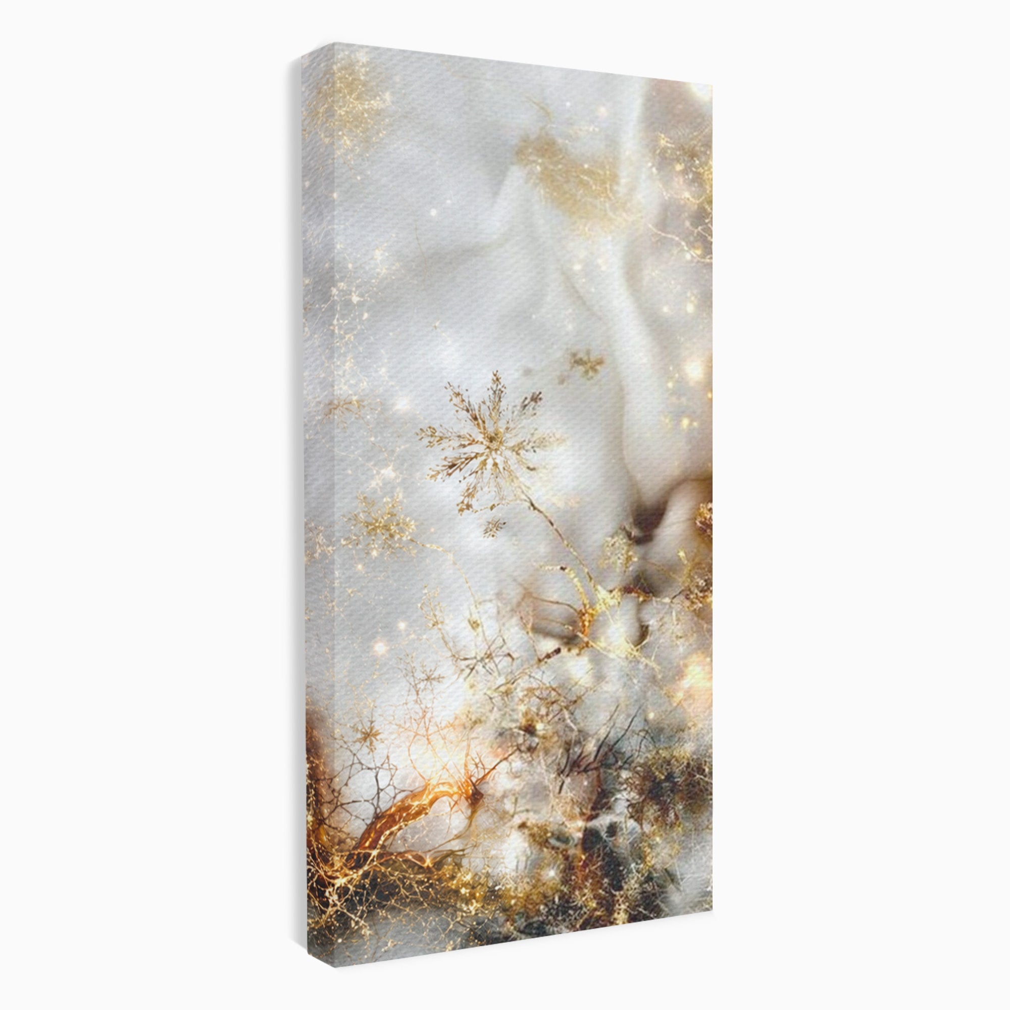 Set 2 Tablouri Canvas Premium LuxCanva® D2-1067, Sclipire Inghetata, Aur, Iarna, Fragilitate, Fulgi, Lumina, Cristal, Dans, Alb, Eleganta, Rafinament