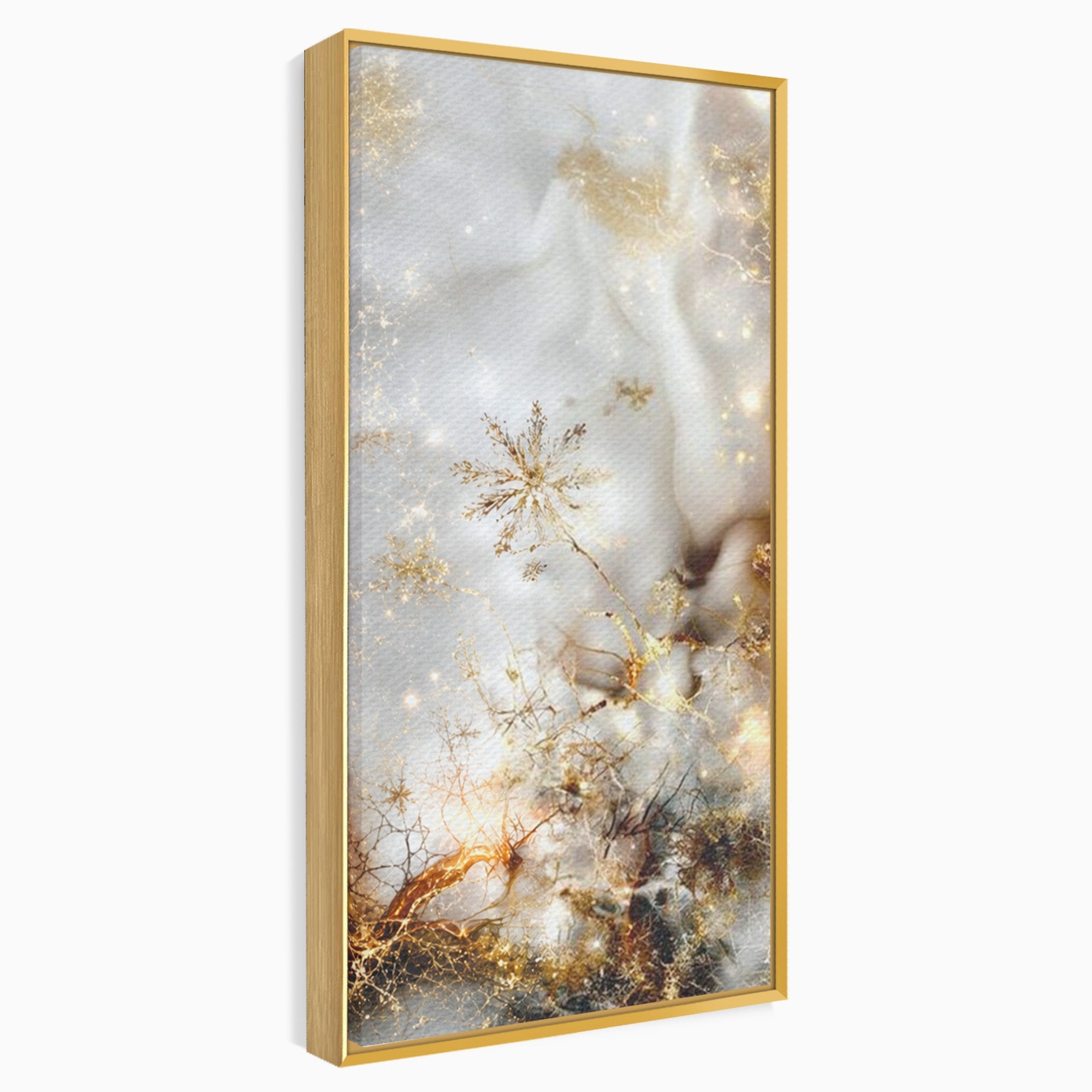 Set 2 Tablouri Canvas Premium LuxCanva® D2-1067, Sclipire Inghetata, Aur, Iarna, Fragilitate, Fulgi, Lumina, Cristal, Dans, Alb, Eleganta, Rafinament