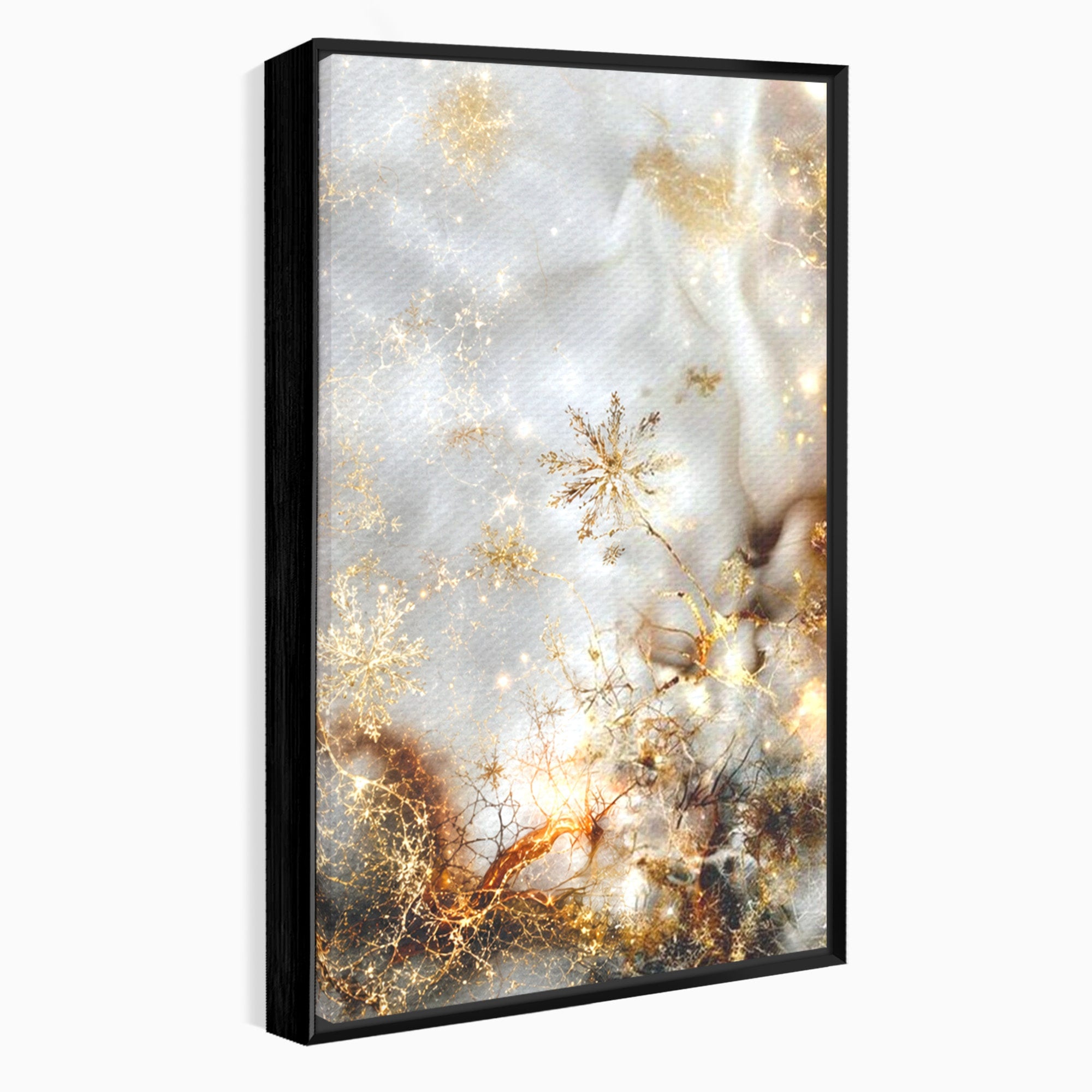 Set 2 Tablouri Canvas Premium LuxCanva® D2-1067, Sclipire Inghetata, Aur, Iarna, Fragilitate, Fulgi, Lumina, Cristal, Dans, Alb, Eleganta, Rafinament