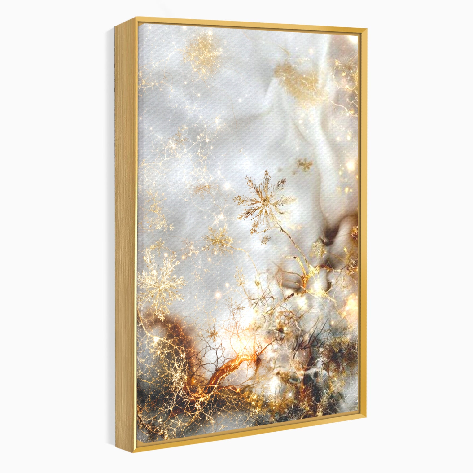 Set 2 Tablouri Canvas Premium LuxCanva® D2-1067, Sclipire Inghetata, Aur, Iarna, Fragilitate, Fulgi, Lumina, Cristal, Dans, Alb, Eleganta, Rafinament