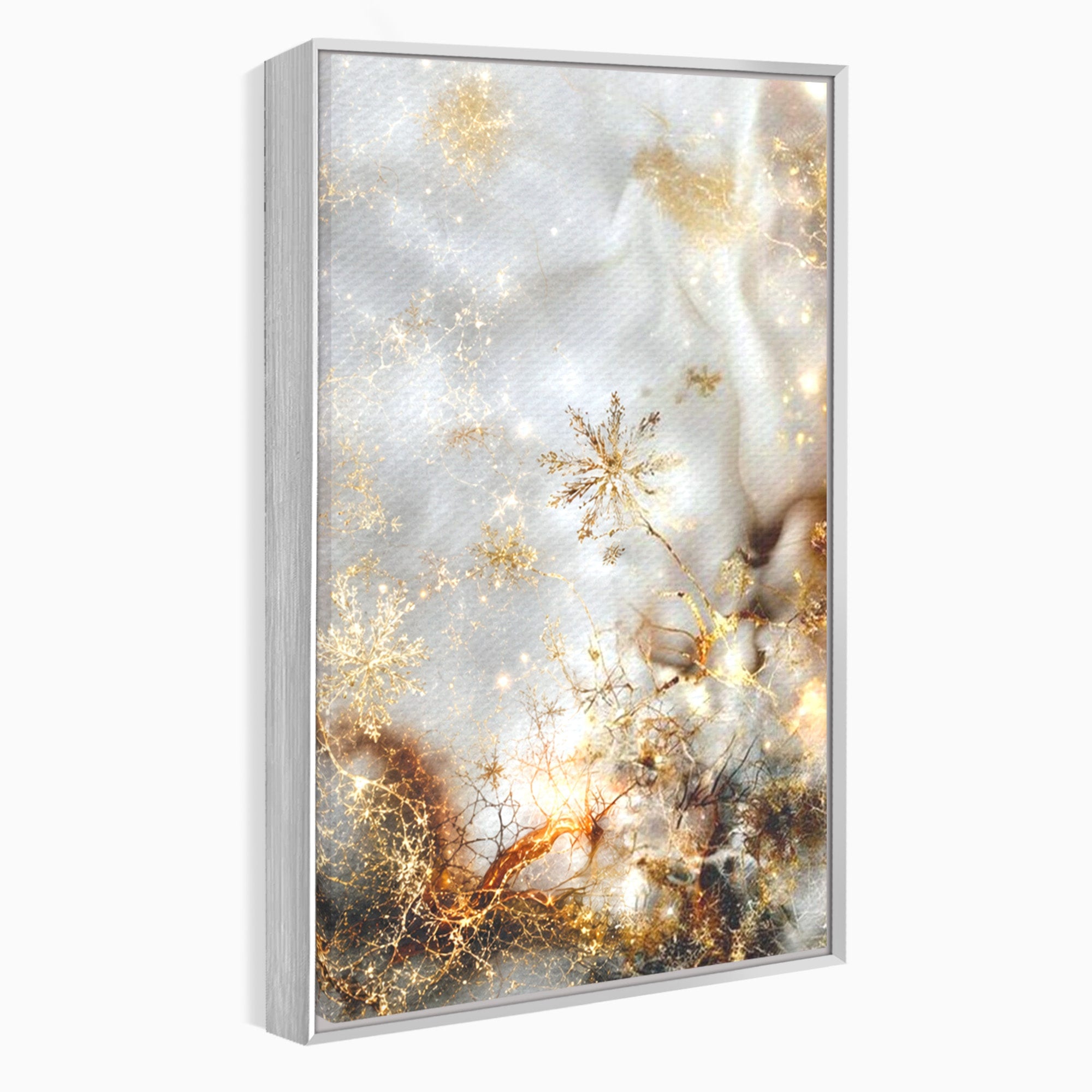 Set 2 Tablouri Canvas Premium LuxCanva® D2-1067, Sclipire Inghetata, Aur, Iarna, Fragilitate, Fulgi, Lumina, Cristal, Dans, Alb, Eleganta, Rafinament