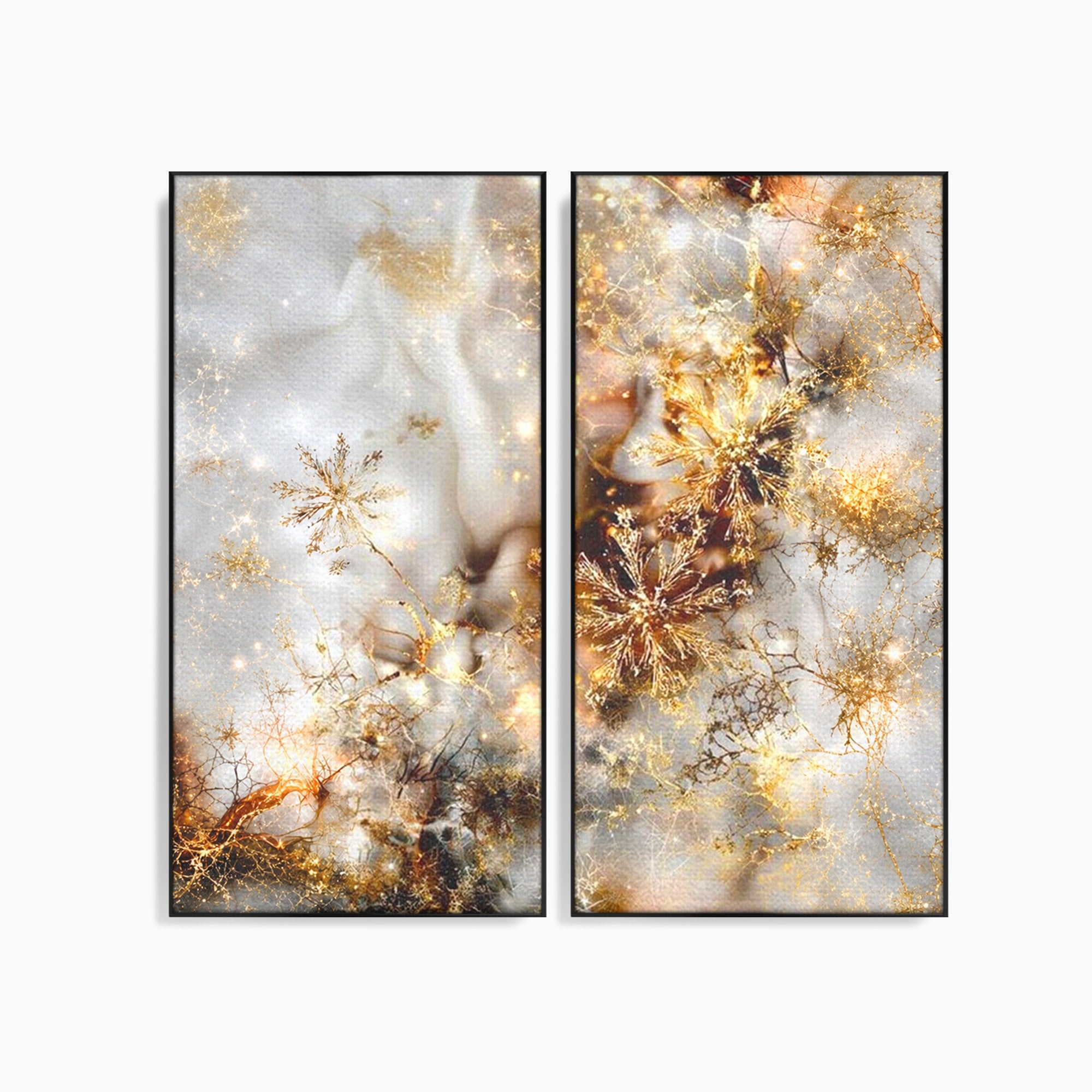 Set 2 Tablouri Canvas Premium LuxCanva® D2-1067, Sclipire Inghetata, Aur, Iarna, Fragilitate, Fulgi, Lumina, Cristal, Dans, Alb, Eleganta, Rafinament