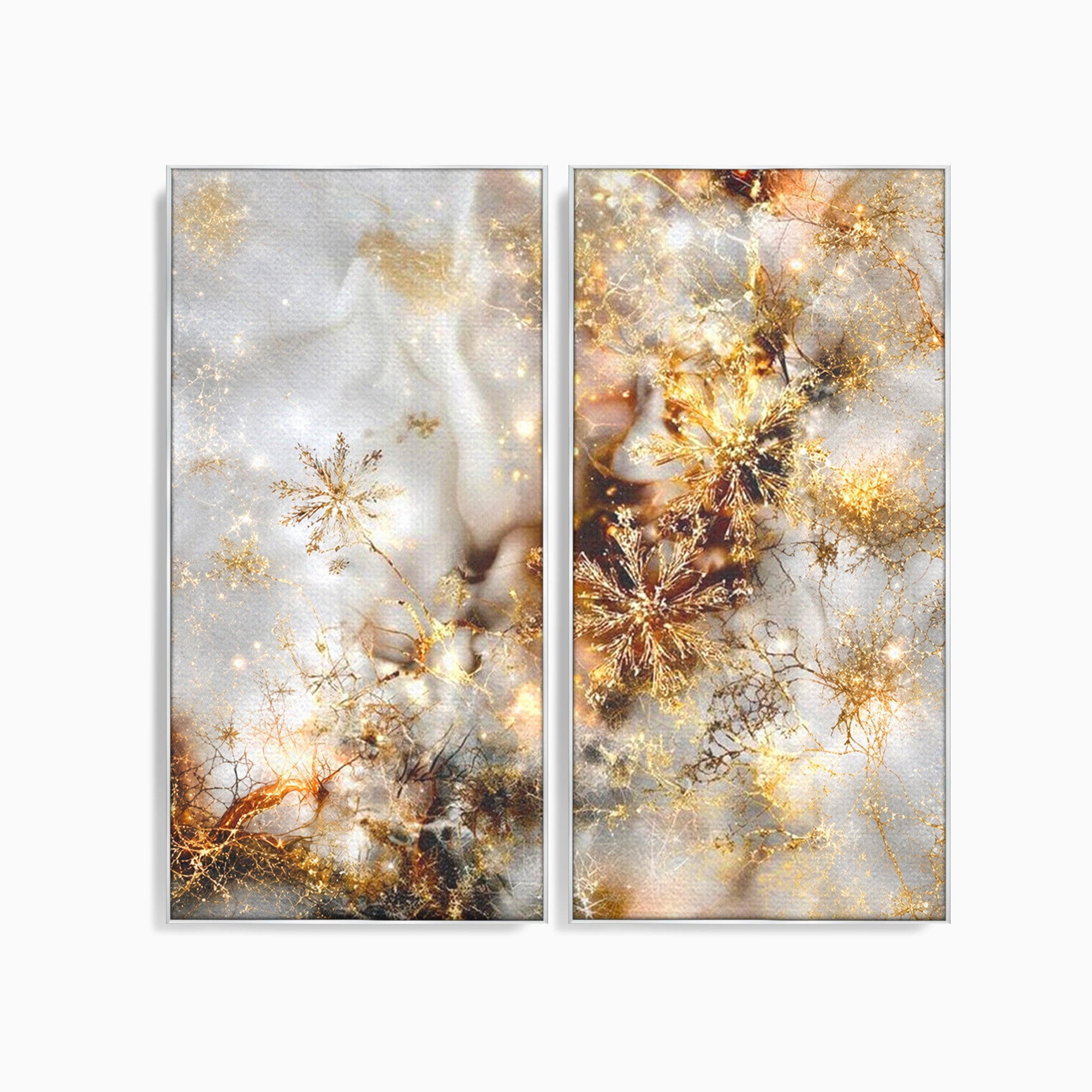 Set 2 Tablouri Canvas Premium LuxCanva® D2-1067, Sclipire Inghetata, Aur, Iarna, Fragilitate, Fulgi, Lumina, Cristal, Dans, Alb, Eleganta, Rafinament