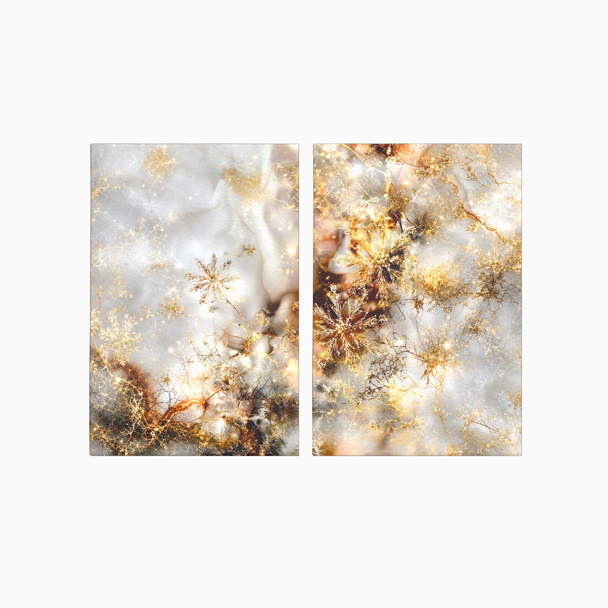 Set 2 Tablouri Canvas Premium LuxCanva® D2-1067, Sclipire Inghetata, Aur, Iarna, Fragilitate, Fulgi, Lumina, Cristal, Dans, Alb, Eleganta, Rafinament