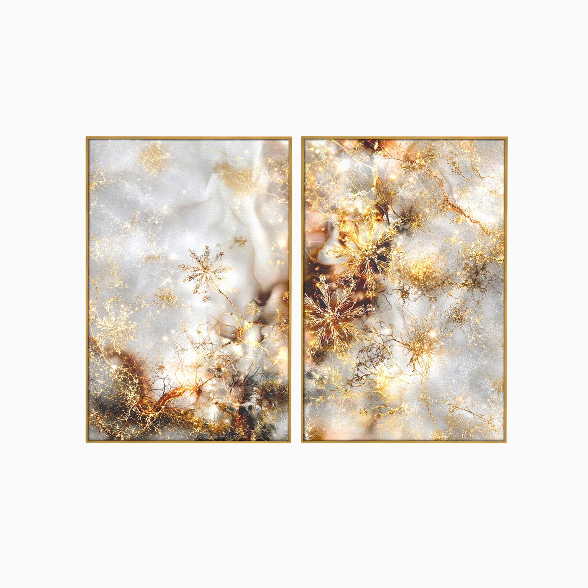 Set 2 Tablouri Canvas Premium LuxCanva® D2-1067, Sclipire Inghetata, Aur, Iarna, Fragilitate, Fulgi, Lumina, Cristal, Dans, Alb, Eleganta, Rafinament
