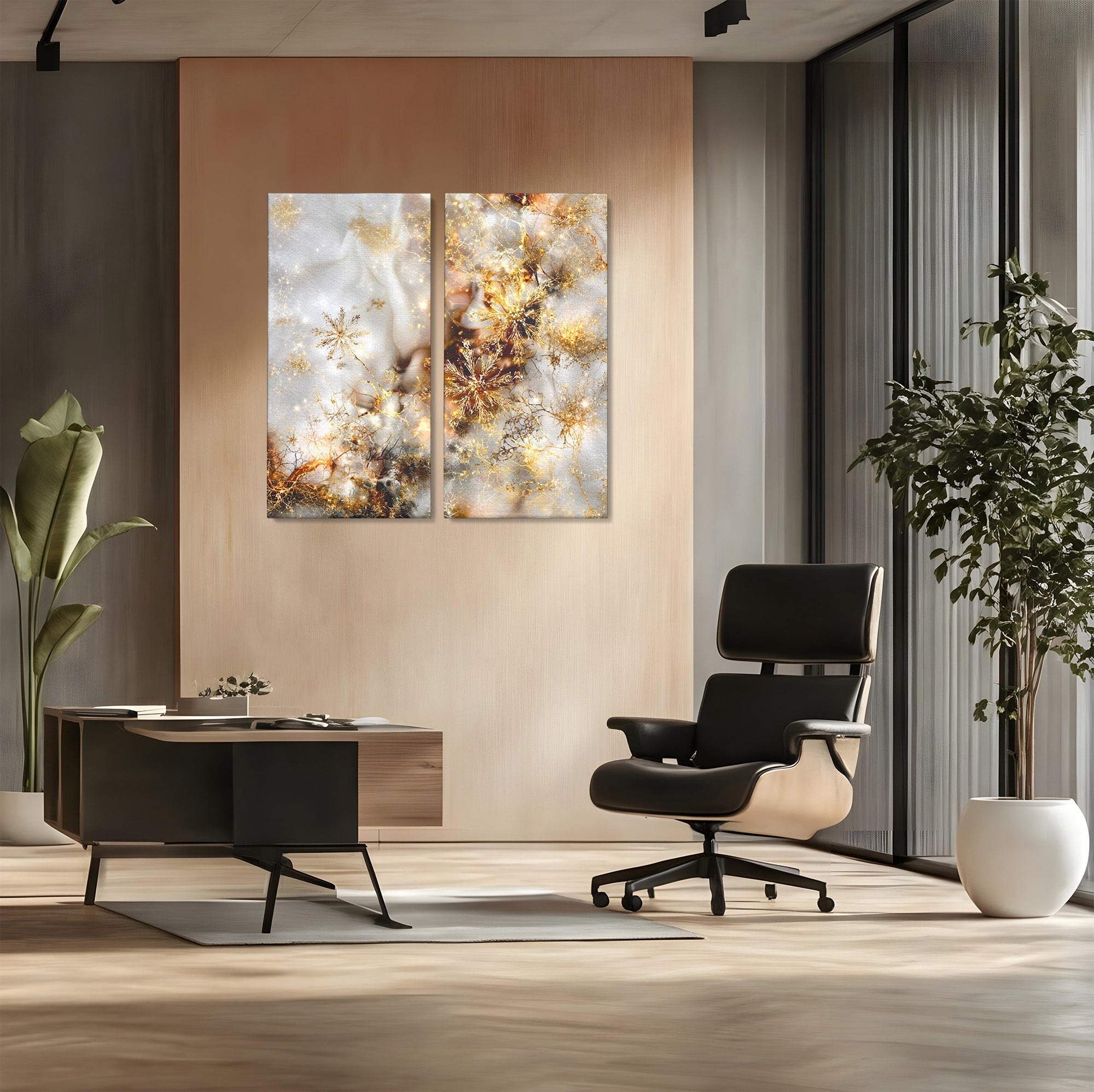 Set 2 Tablouri Canvas Premium LuxCanva® D2-1067, Sclipire Inghetata, Aur, Iarna, Fragilitate, Fulgi, Lumina, Cristal, Dans, Alb, Eleganta, Rafinament