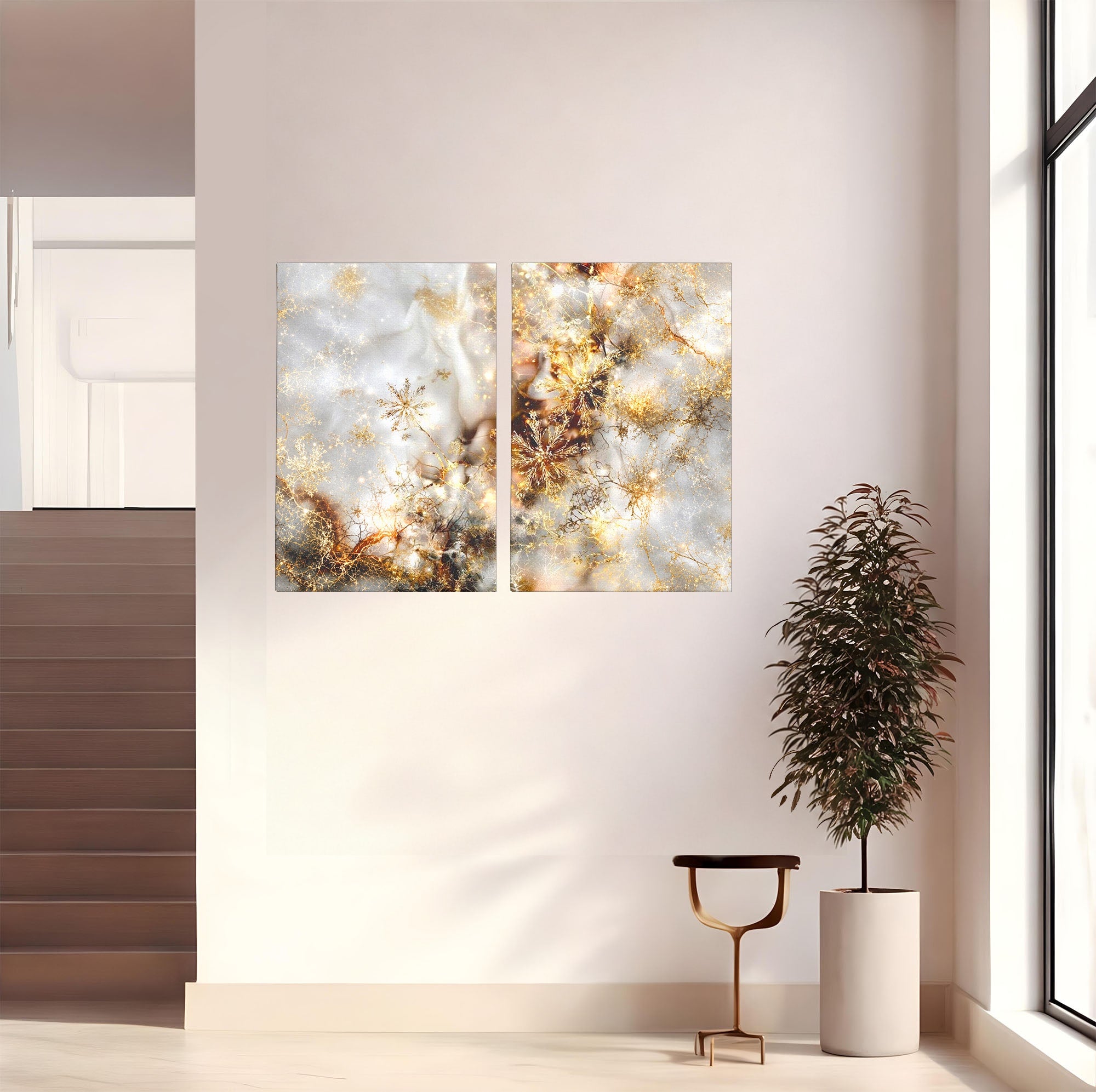 Set 2 Tablouri Canvas Premium LuxCanva® D2-1067, Sclipire Inghetata, Aur, Iarna, Fragilitate, Fulgi, Lumina, Cristal, Dans, Alb, Eleganta, Rafinament