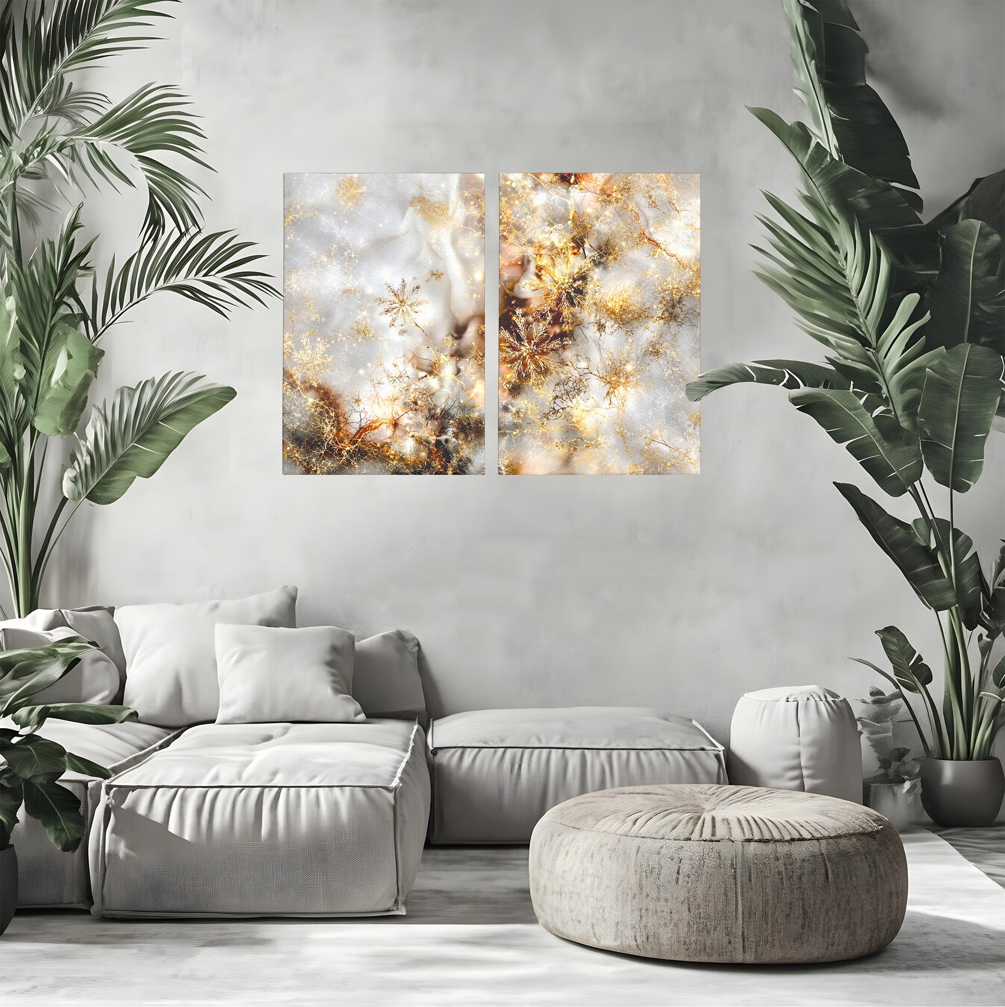 Set 2 Tablouri Canvas Premium LuxCanva® D2-1067, Sclipire Inghetata, Aur, Iarna, Fragilitate, Fulgi, Lumina, Cristal, Dans, Alb, Eleganta, Rafinament