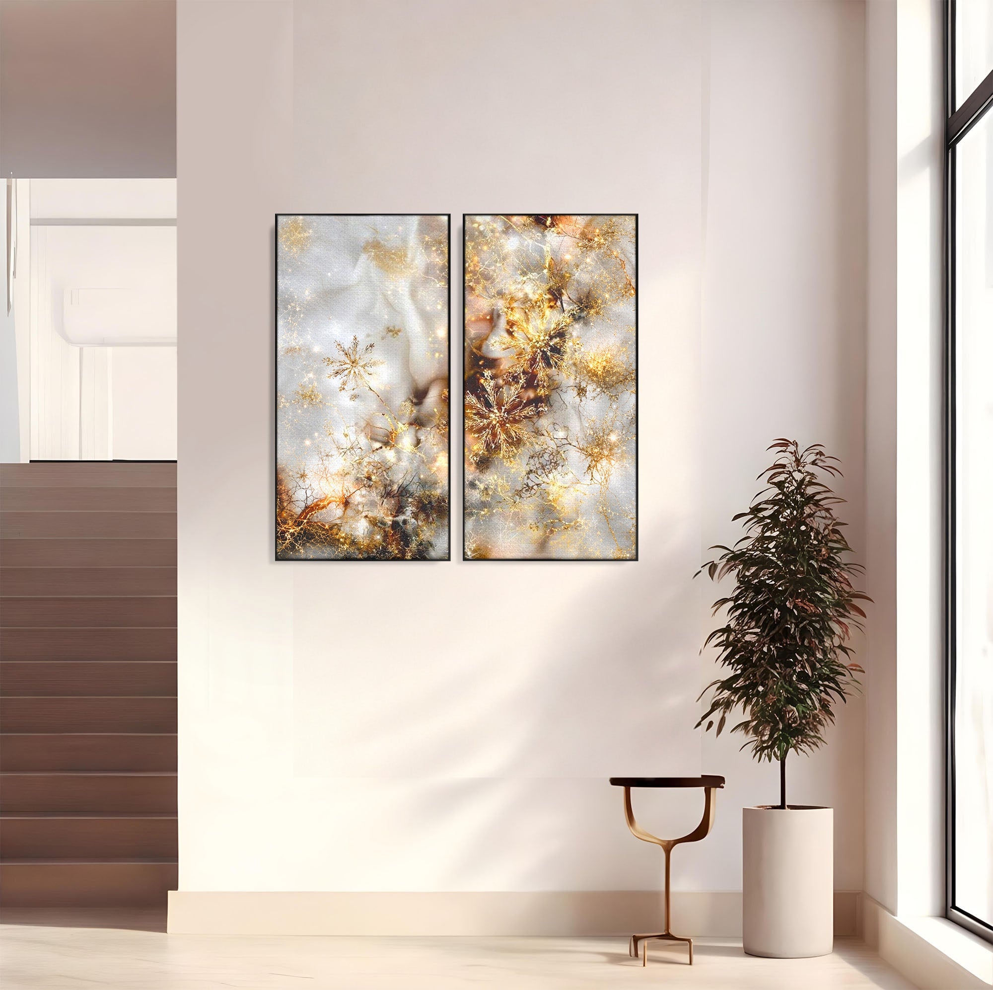 Set 2 Tablouri Canvas Premium LuxCanva® D2-1067, Sclipire Inghetata, Aur, Iarna, Fragilitate, Fulgi, Lumina, Cristal, Dans, Alb, Eleganta, Rafinament