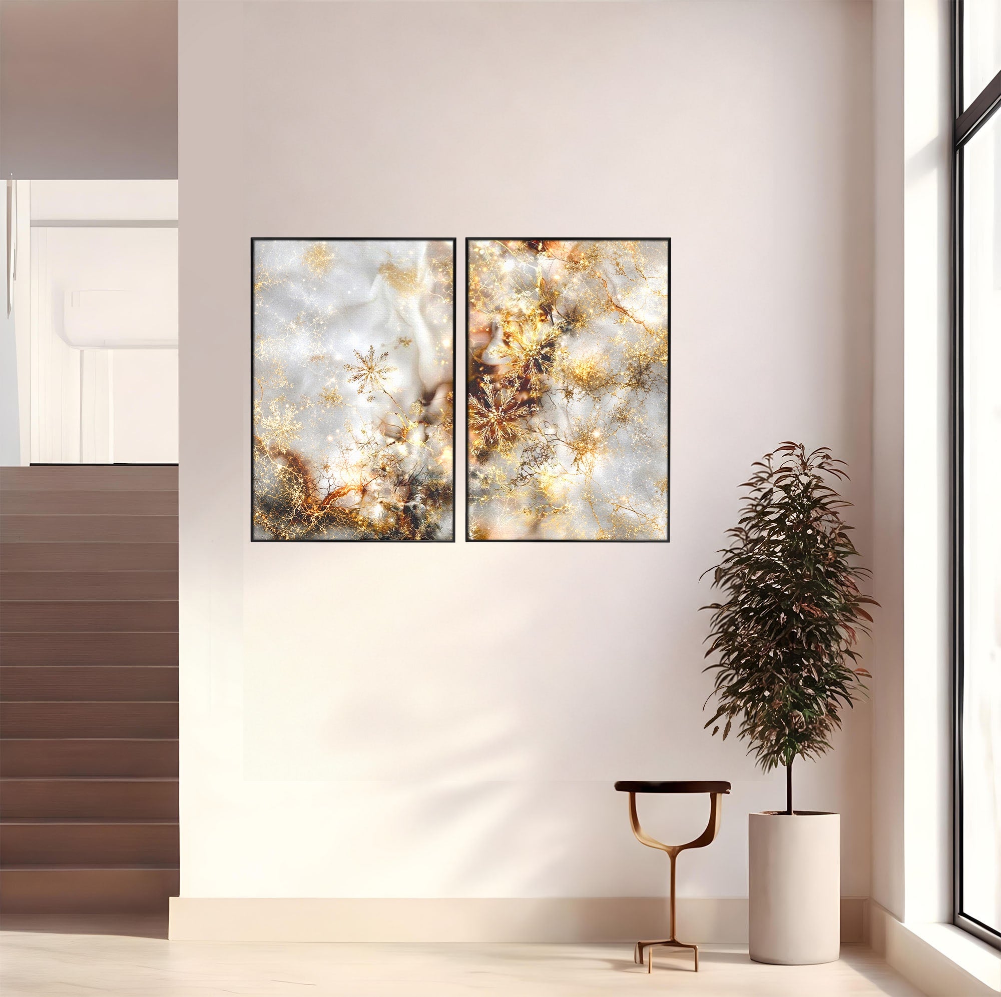 Set 2 Tablouri Canvas Premium LuxCanva® D2-1067, Sclipire Inghetata, Aur, Iarna, Fragilitate, Fulgi, Lumina, Cristal, Dans, Alb, Eleganta, Rafinament