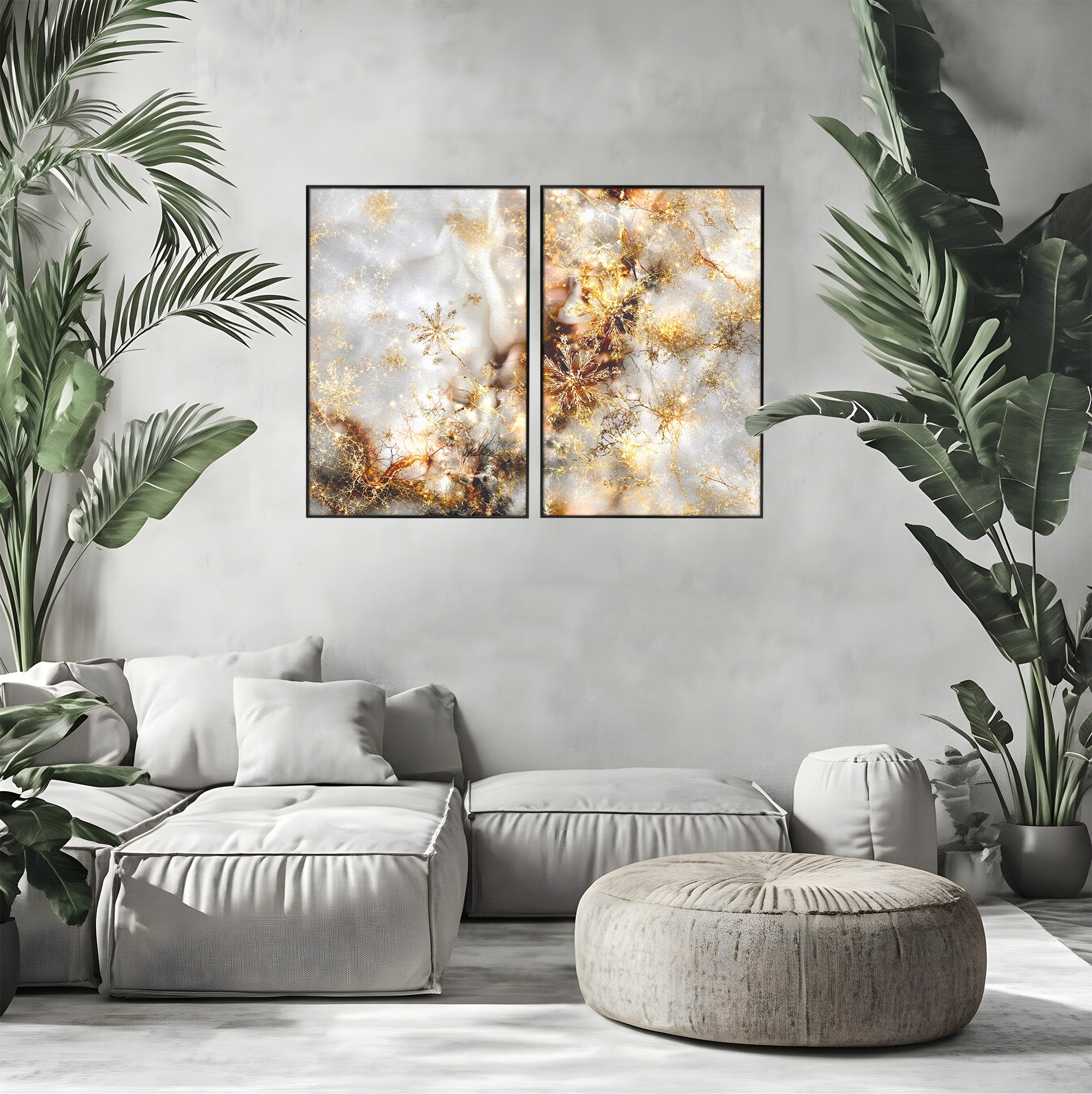 Set 2 Tablouri Canvas Premium LuxCanva® D2-1067, Sclipire Inghetata, Aur, Iarna, Fragilitate, Fulgi, Lumina, Cristal, Dans, Alb, Eleganta, Rafinament