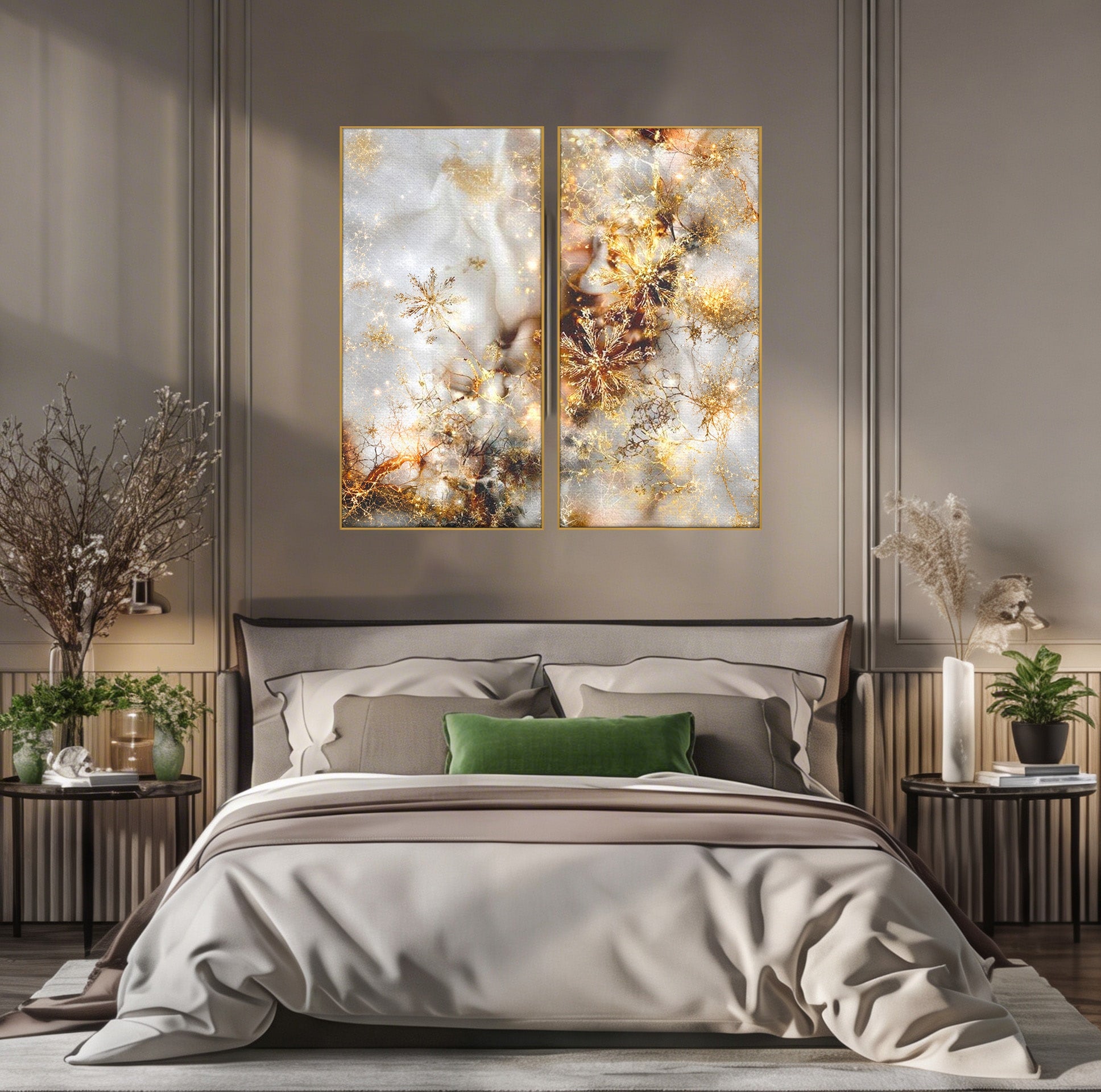 Set 2 Tablouri Canvas Premium LuxCanva® D2-1067, Sclipire Inghetata, Aur, Iarna, Fragilitate, Fulgi, Lumina, Cristal, Dans, Alb, Eleganta, Rafinament