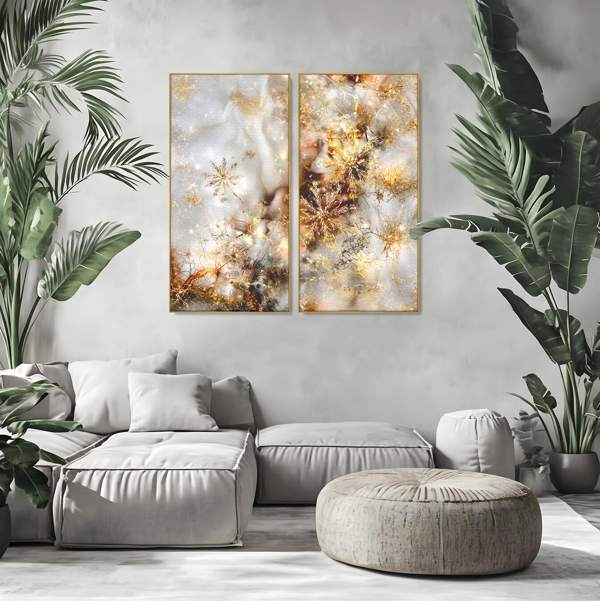 Set 2 Tablouri Canvas Premium LuxCanva® D2-1067, Sclipire Inghetata, Aur, Iarna, Fragilitate, Fulgi, Lumina, Cristal, Dans, Alb, Eleganta, Rafinament