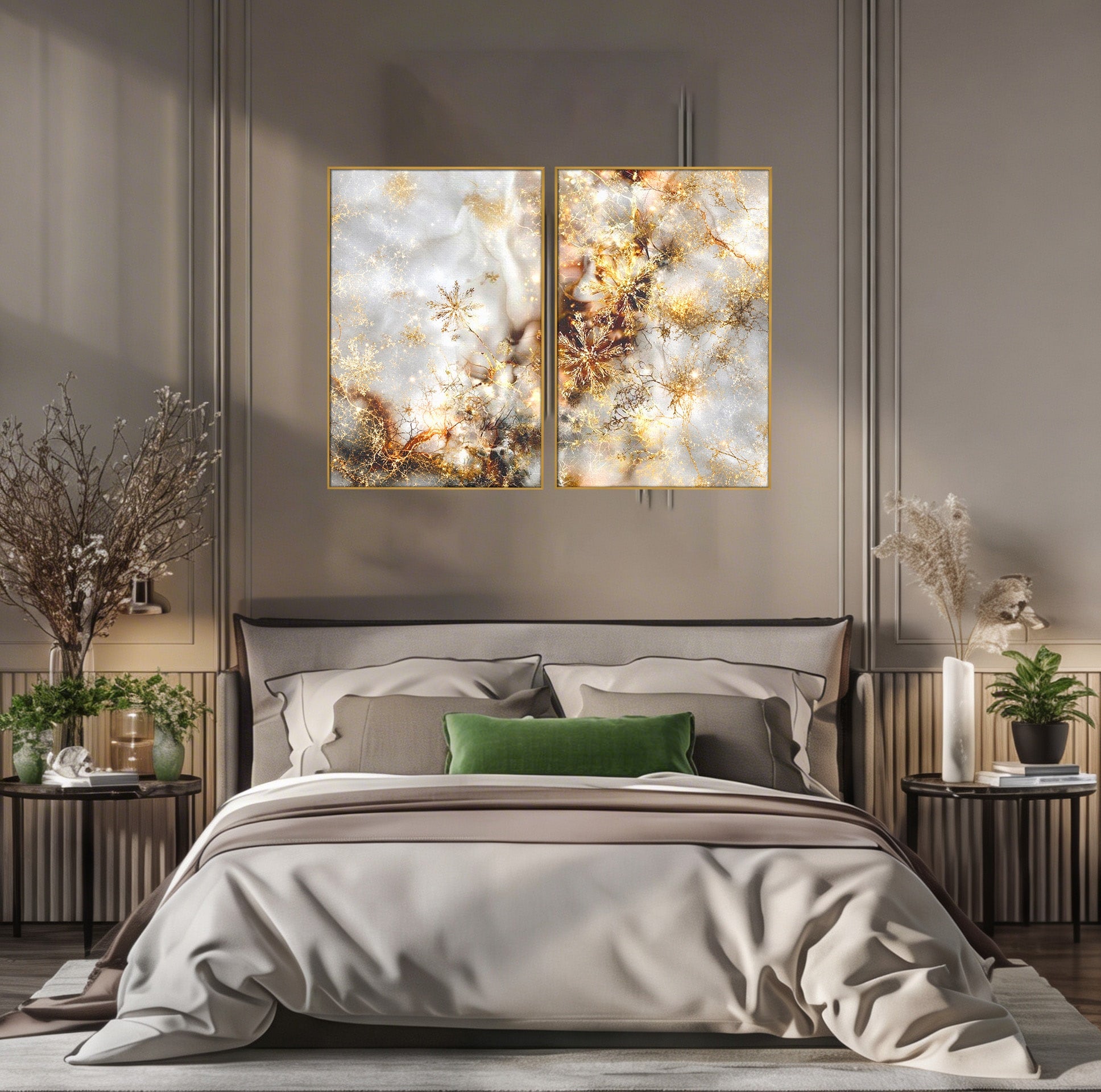 Set 2 Tablouri Canvas Premium LuxCanva® D2-1067, Sclipire Inghetata, Aur, Iarna, Fragilitate, Fulgi, Lumina, Cristal, Dans, Alb, Eleganta, Rafinament
