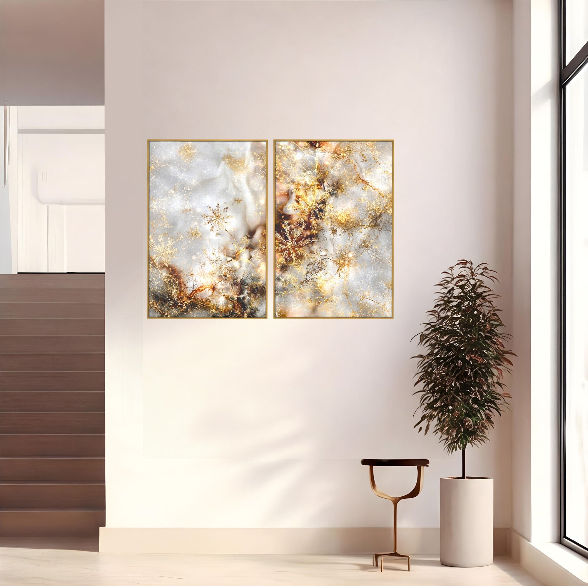 Set 2 Tablouri Canvas Premium LuxCanva® D2-1067, Sclipire Inghetata, Aur, Iarna, Fragilitate, Fulgi, Lumina, Cristal, Dans, Alb, Eleganta, Rafinament