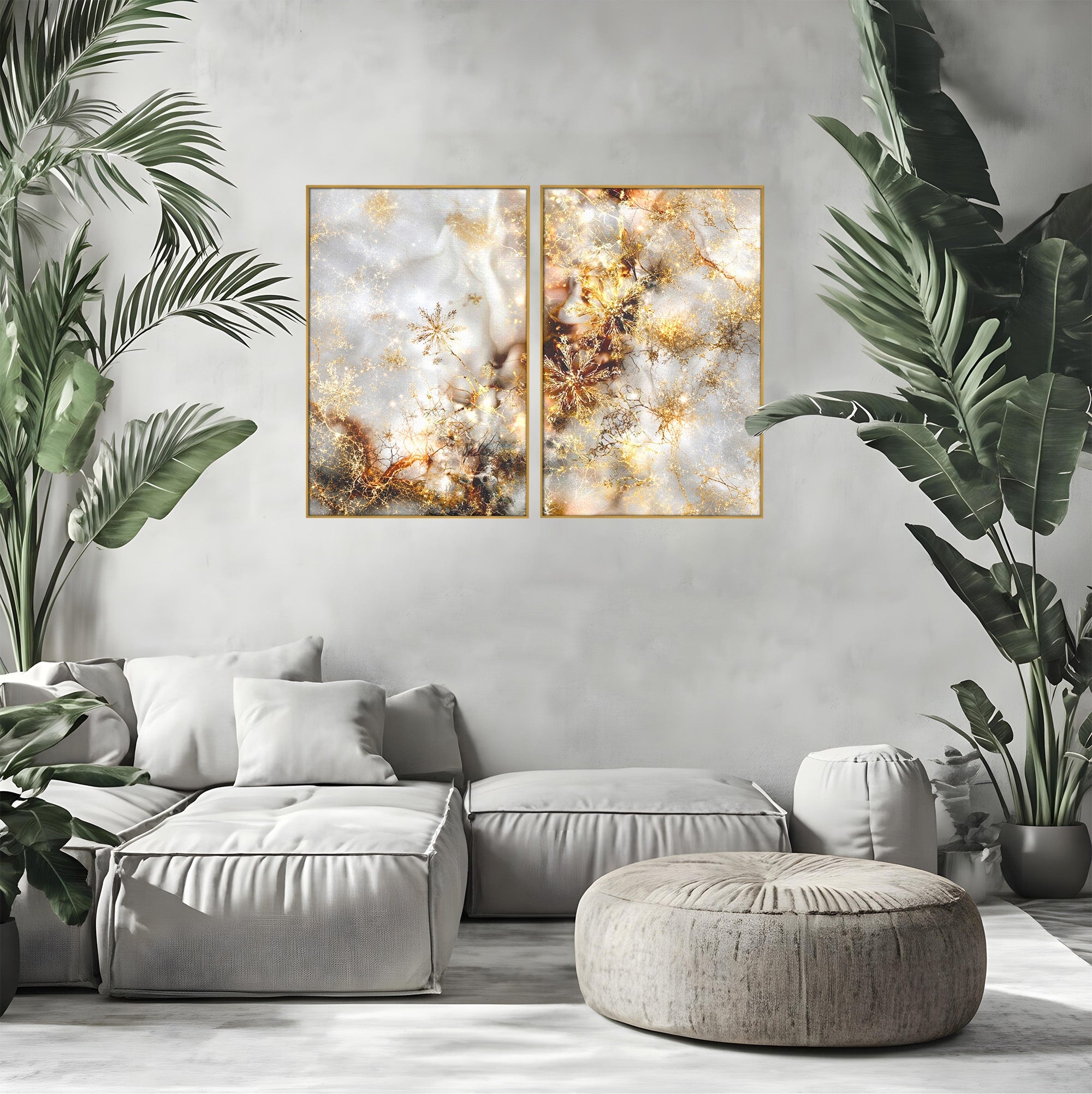 Set 2 Tablouri Canvas Premium LuxCanva® D2-1067, Sclipire Inghetata, Aur, Iarna, Fragilitate, Fulgi, Lumina, Cristal, Dans, Alb, Eleganta, Rafinament