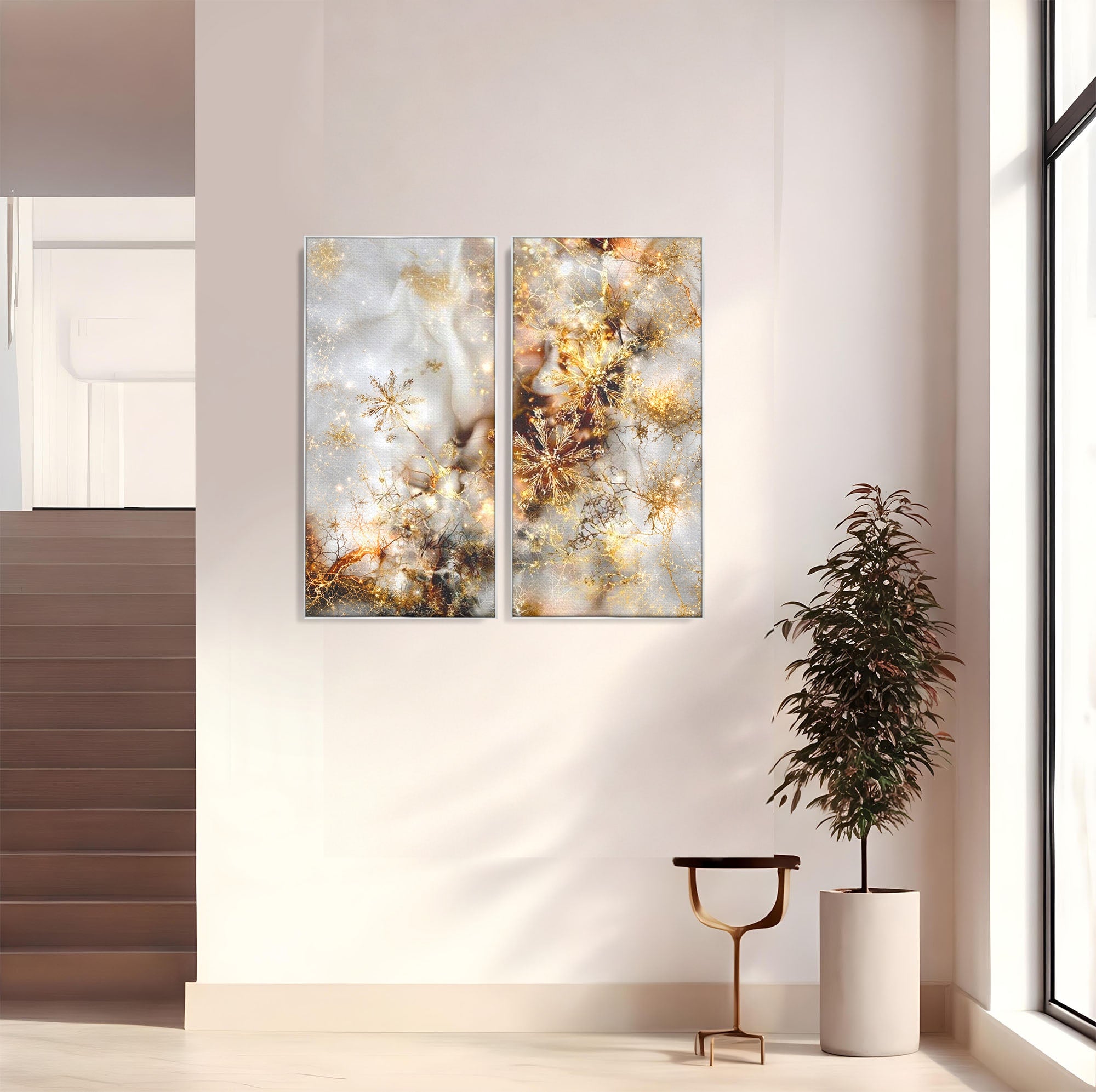 Set 2 Tablouri Canvas Premium LuxCanva® D2-1067, Sclipire Inghetata, Aur, Iarna, Fragilitate, Fulgi, Lumina, Cristal, Dans, Alb, Eleganta, Rafinament