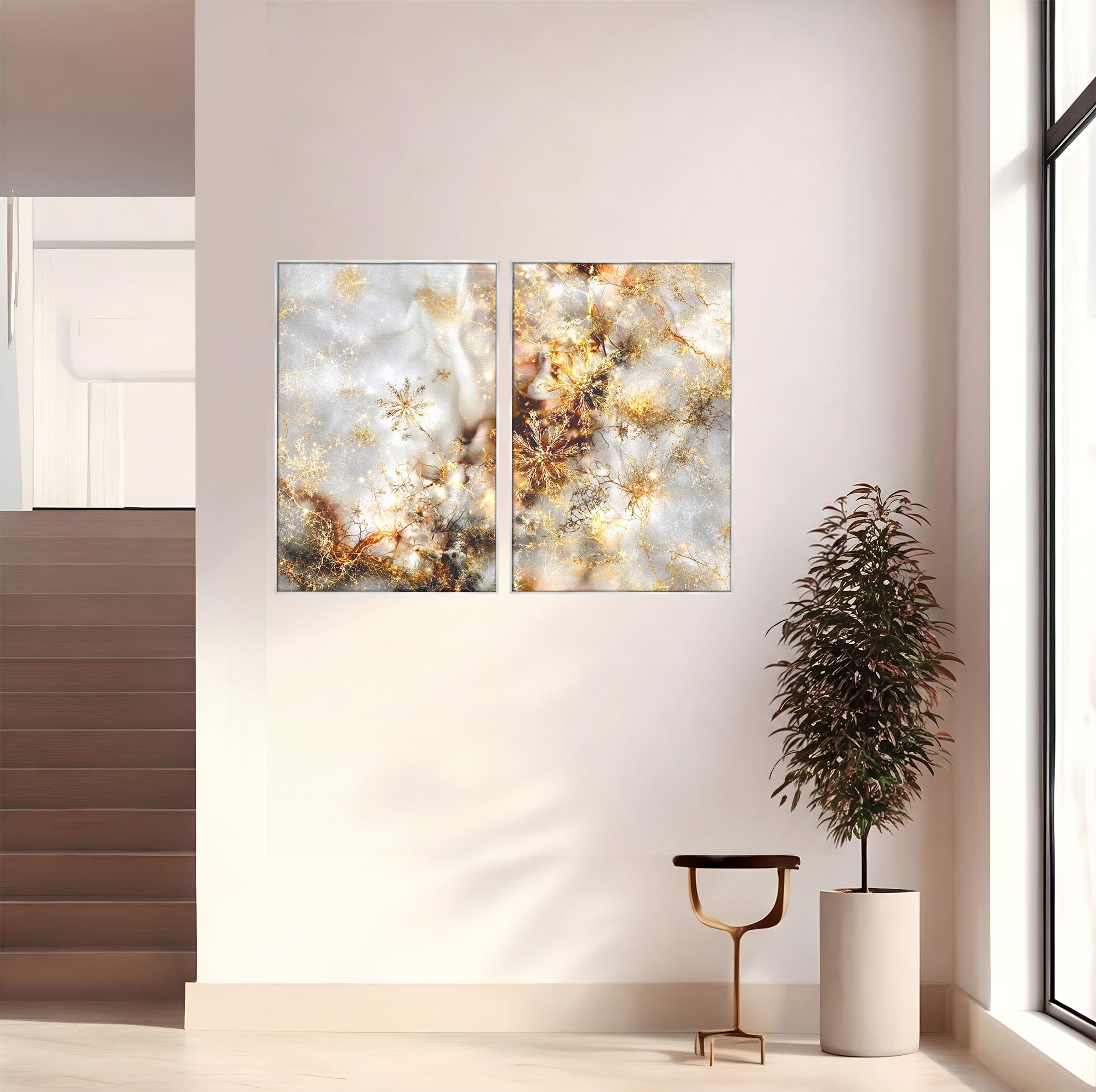 Set 2 Tablouri Canvas Premium LuxCanva® D2-1067, Sclipire Inghetata, Aur, Iarna, Fragilitate, Fulgi, Lumina, Cristal, Dans, Alb, Eleganta, Rafinament