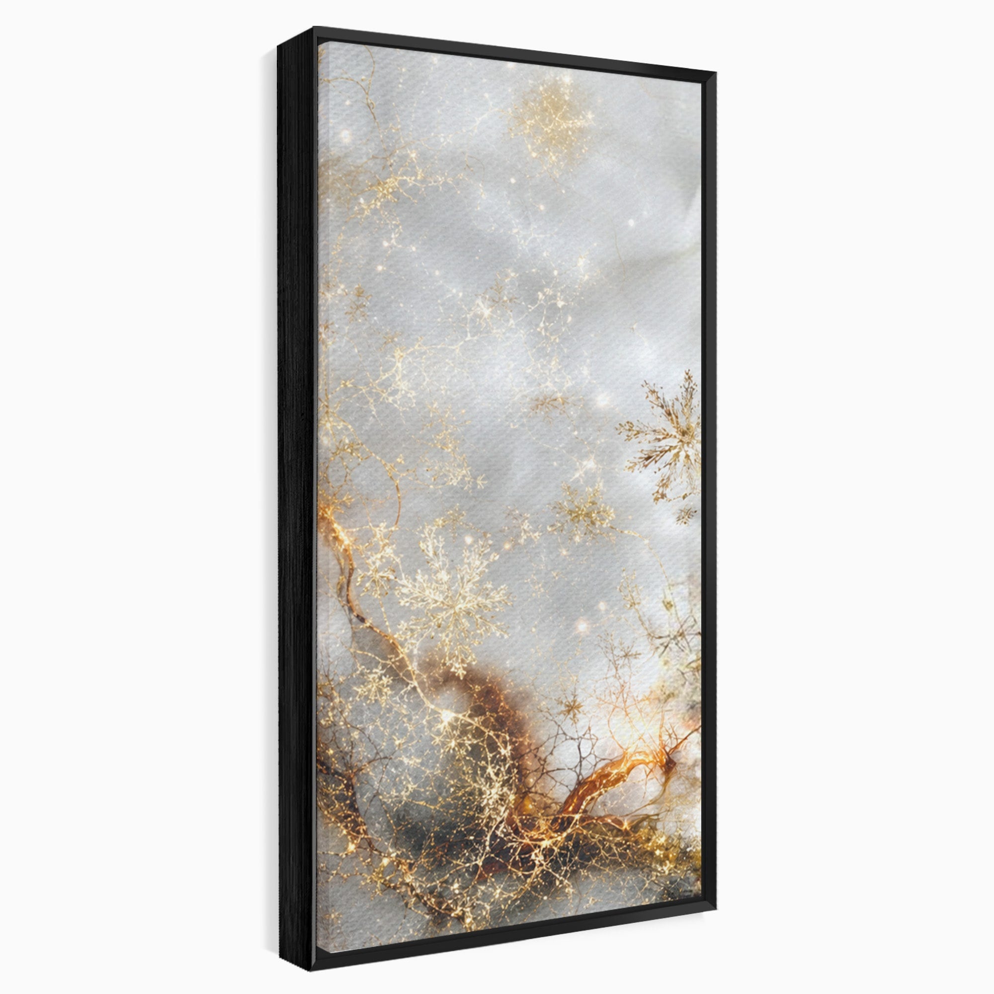 Set 3 Tablouri Canvas Premium LuxCanva® D3-1067, Sclipire Inghetata, Aur, Iarna, Fragilitate, Fulgi, Lumina, Cristal, Dans, Alb, Eleganta, Rafinament