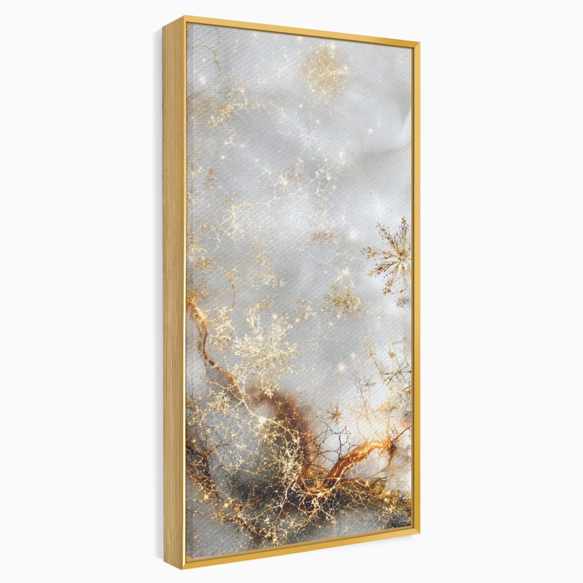 Set 3 Tablouri Canvas Premium LuxCanva® D3-1067, Sclipire Inghetata, Aur, Iarna, Fragilitate, Fulgi, Lumina, Cristal, Dans, Alb, Eleganta, Rafinament