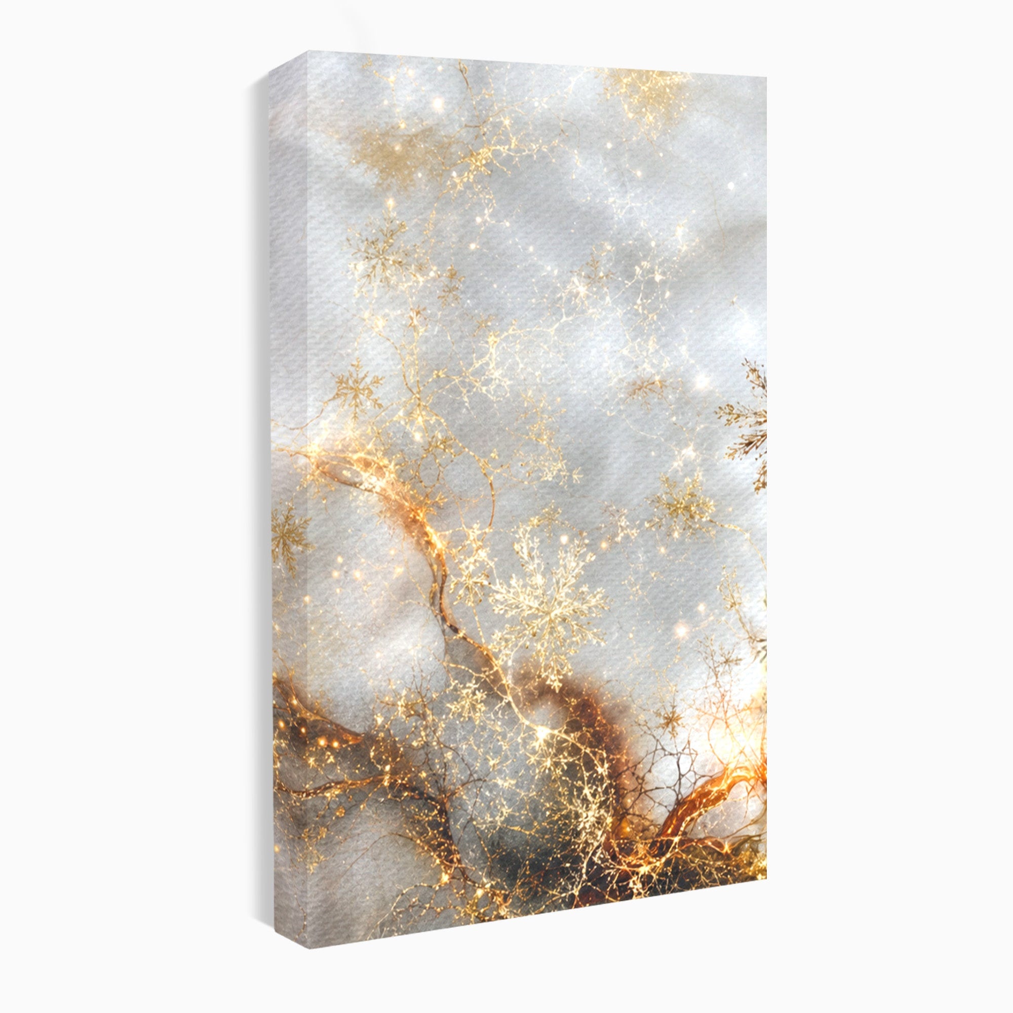 Set 3 Tablouri Canvas Premium LuxCanva® D3-1067, Sclipire Inghetata, Aur, Iarna, Fragilitate, Fulgi, Lumina, Cristal, Dans, Alb, Eleganta, Rafinament