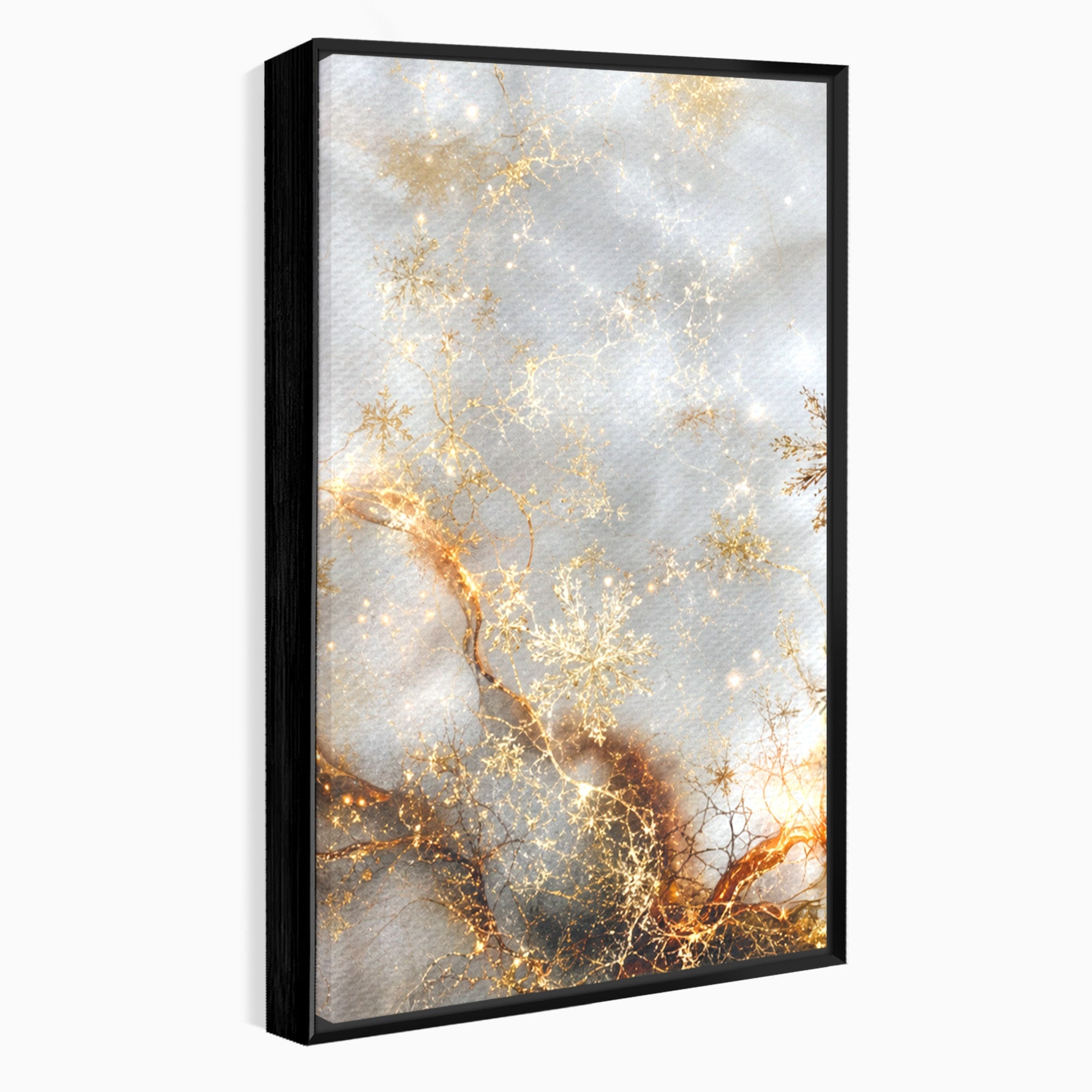 Set 3 Tablouri Canvas Premium LuxCanva® D3-1067, Sclipire Inghetata, Aur, Iarna, Fragilitate, Fulgi, Lumina, Cristal, Dans, Alb, Eleganta, Rafinament
