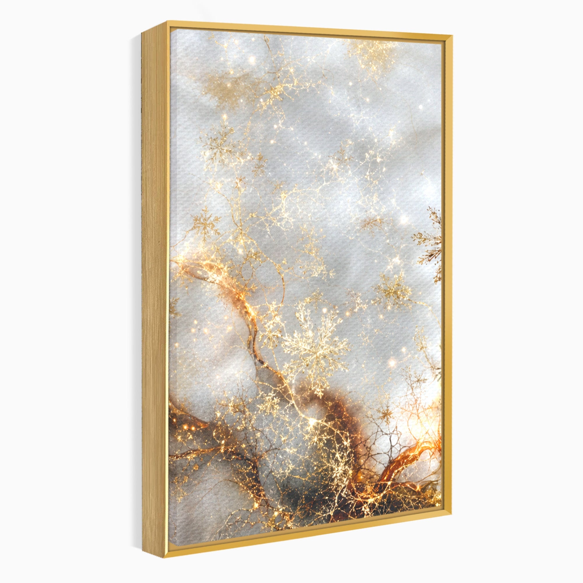 Set 3 Tablouri Canvas Premium LuxCanva® D3-1067, Sclipire Inghetata, Aur, Iarna, Fragilitate, Fulgi, Lumina, Cristal, Dans, Alb, Eleganta, Rafinament