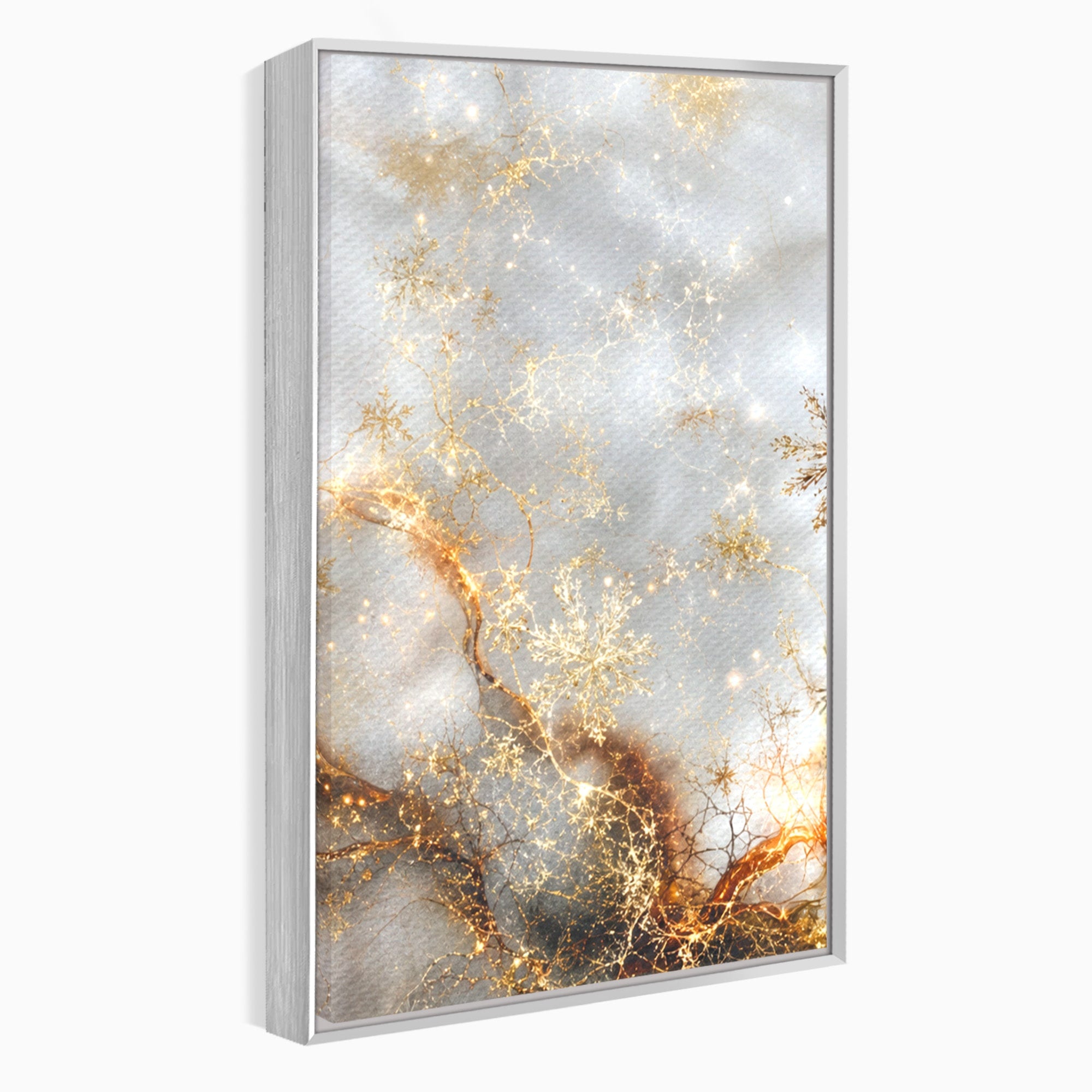 Set 3 Tablouri Canvas Premium LuxCanva® D3-1067, Sclipire Inghetata, Aur, Iarna, Fragilitate, Fulgi, Lumina, Cristal, Dans, Alb, Eleganta, Rafinament