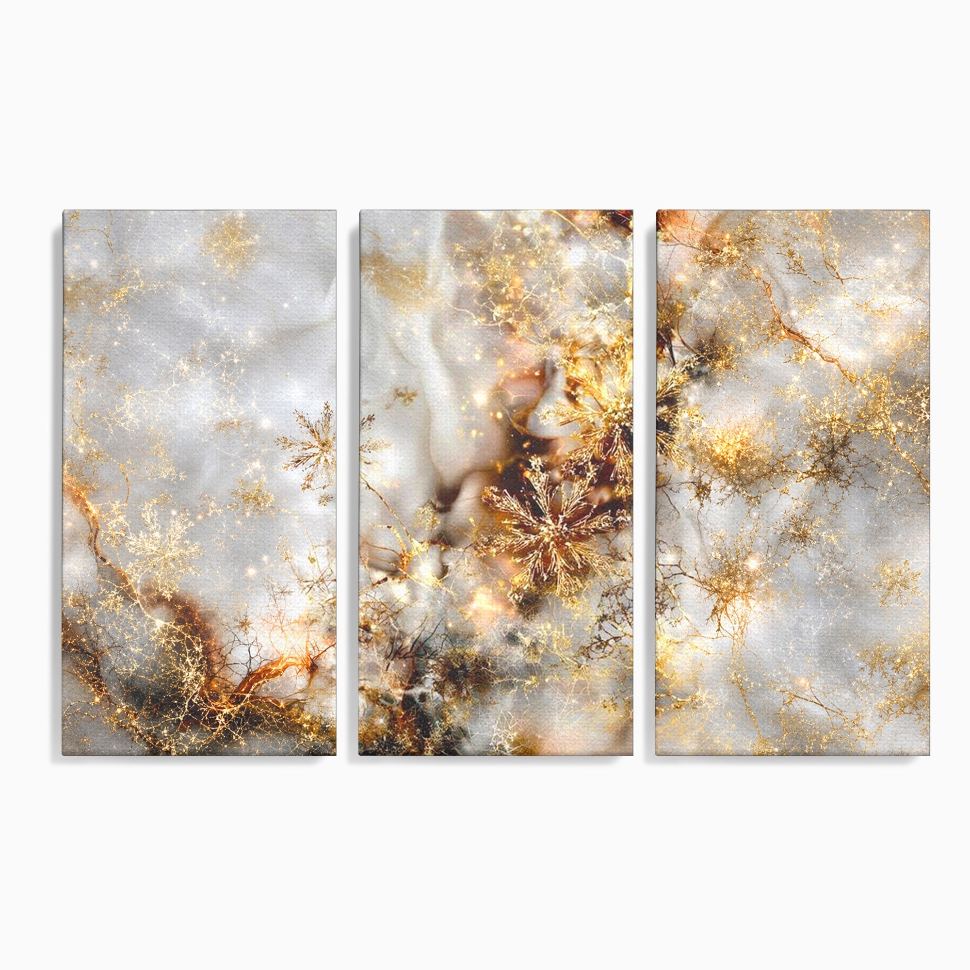 Set 3 Tablouri Canvas Premium LuxCanva® D3-1067, Sclipire Inghetata, Aur, Iarna, Fragilitate, Fulgi, Lumina, Cristal, Dans, Alb, Eleganta, Rafinament