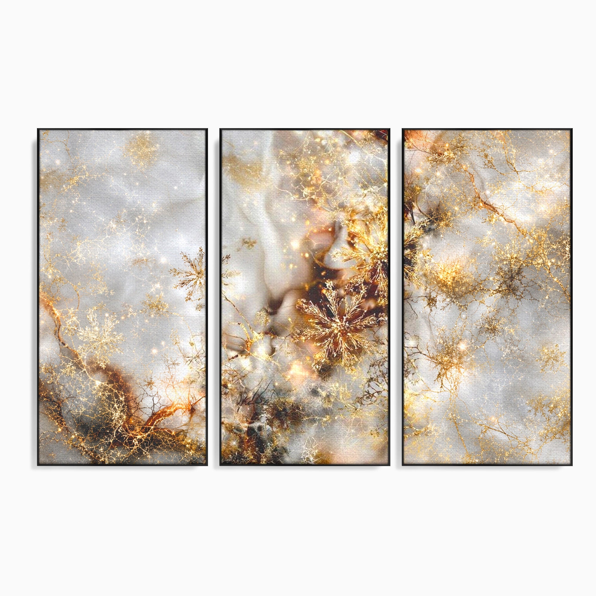 Set 3 Tablouri Canvas Premium LuxCanva® D3-1067, Sclipire Inghetata, Aur, Iarna, Fragilitate, Fulgi, Lumina, Cristal, Dans, Alb, Eleganta, Rafinament