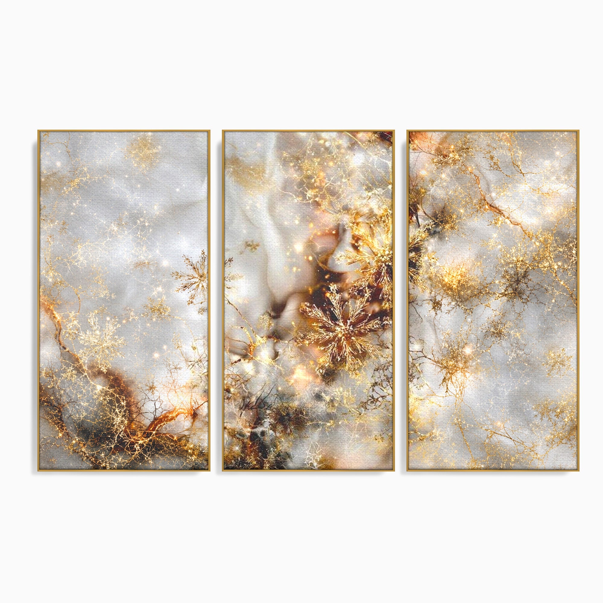 Set 3 Tablouri Canvas Premium LuxCanva® D3-1067, Sclipire Inghetata, Aur, Iarna, Fragilitate, Fulgi, Lumina, Cristal, Dans, Alb, Eleganta, Rafinament