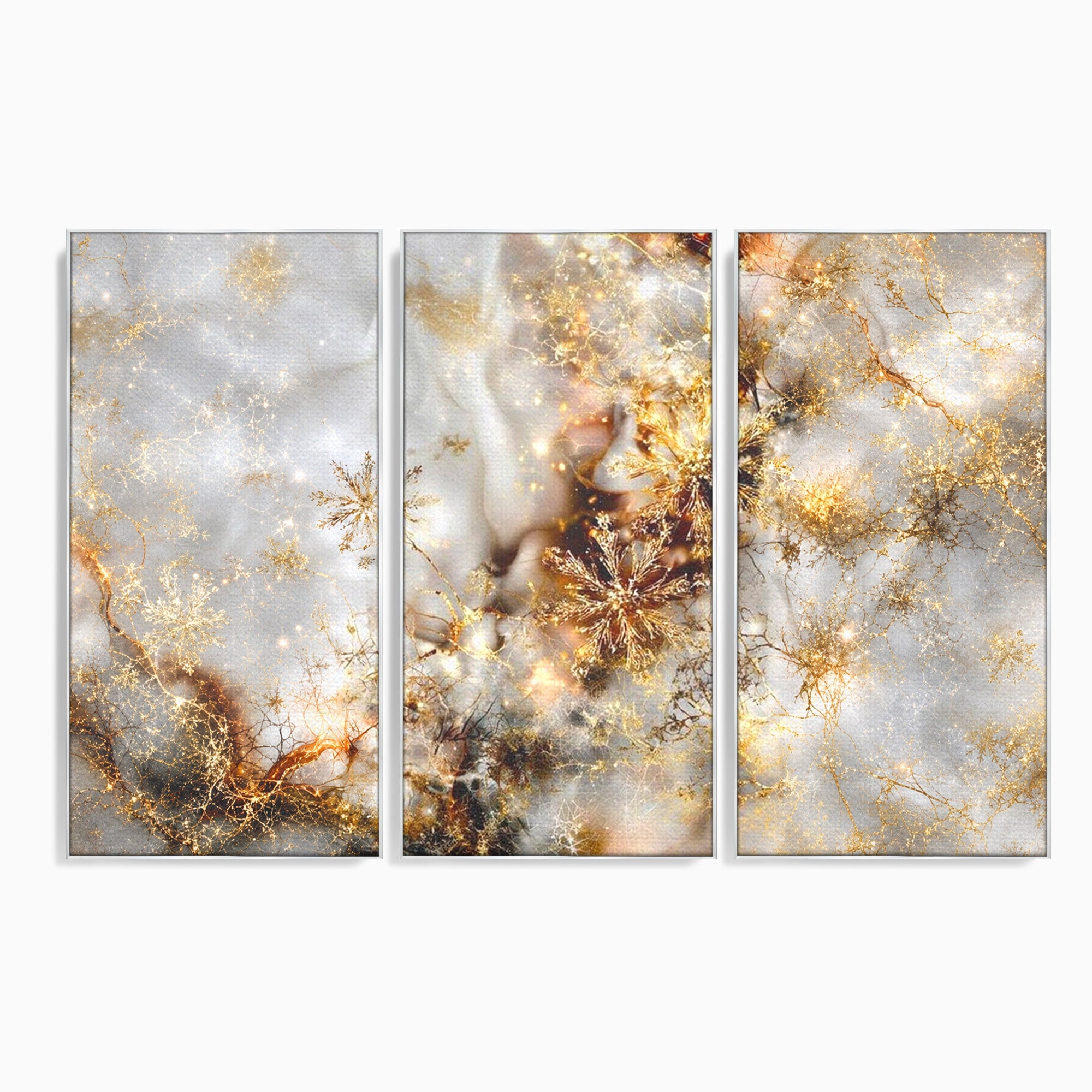 Set 3 Tablouri Canvas Premium LuxCanva® D3-1067, Sclipire Inghetata, Aur, Iarna, Fragilitate, Fulgi, Lumina, Cristal, Dans, Alb, Eleganta, Rafinament